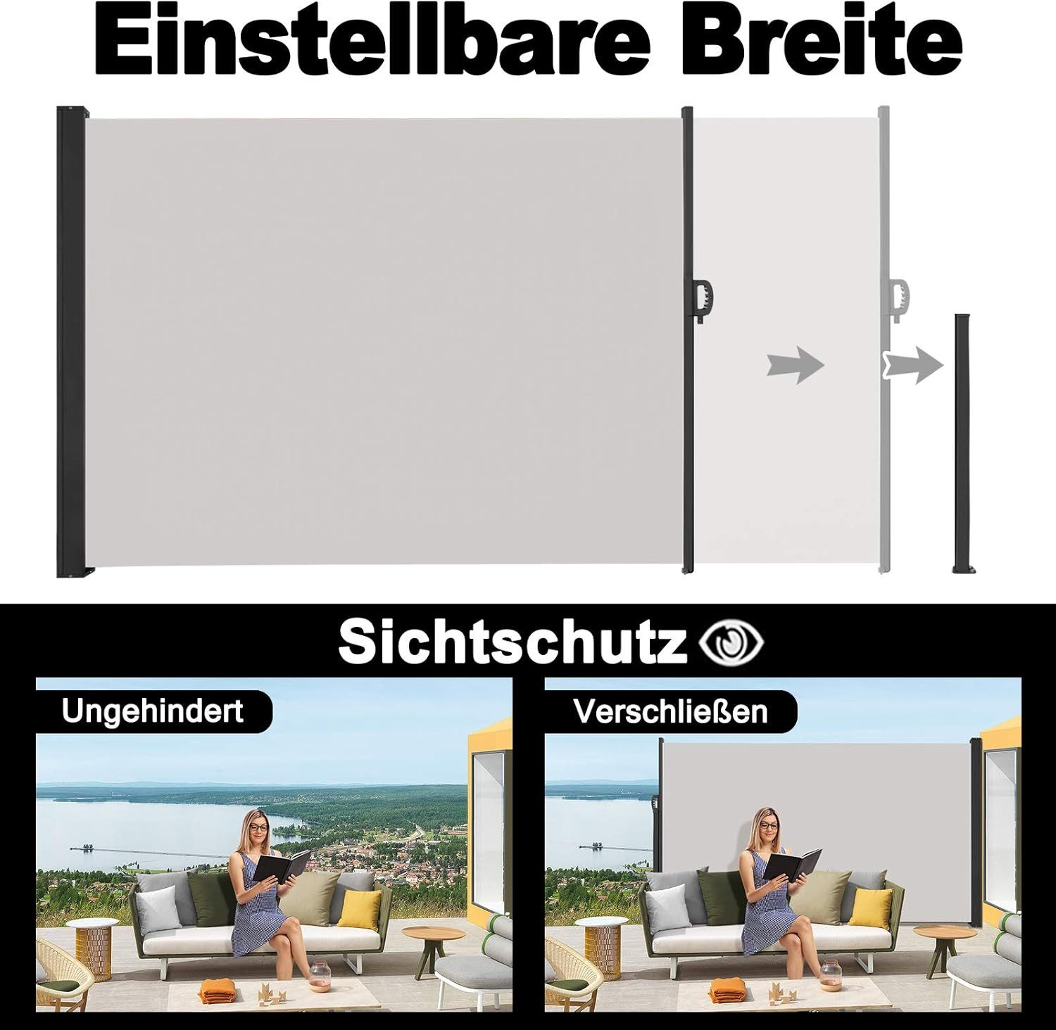 FIVMEN Seitenmarkise Alu Ausziehbar Blickdicht Sonnenschutz mit Wandhalterung Sichtschutz Markise für Balkon, Terrasse, Garten