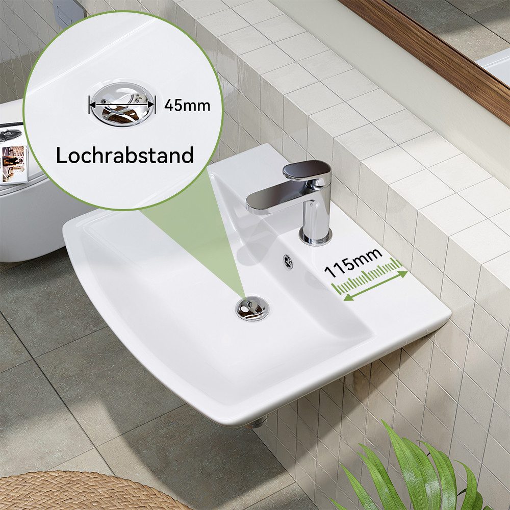 HOROW Waschbecken Waschtisch Handwaschbecken Klein Keramik (Waschbecken 1 Hahnloch mit Überlauf für Badezimmer und Gäste-WC, 48 x 42 x 13 cm) – Bild 4 von 5
