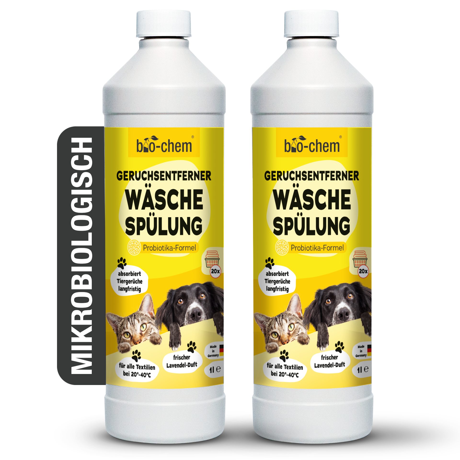 bio-chem Textilerfrischer Geruchsentferner Wäschespülung 1 L probiotischer Zusatz gegen Gerüche (Geruchsentferner Wäschespülung 2x 1 L + Dosierbecher)