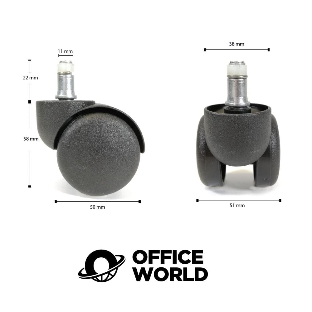 OfficeWorld Range Bürostuhl Range Teppichbodenrollen Mm 11x22 Set, Stuhlrollen 11x22 Stift Mm Schwarz 5er Bürostuhlrollen Kunststoff