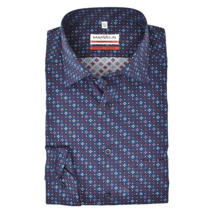 MARVELIS Businesshemd Businesshemd - Modern Fit - Langarm - Muster - Dunkelblau/Bordeaux Allover-Print