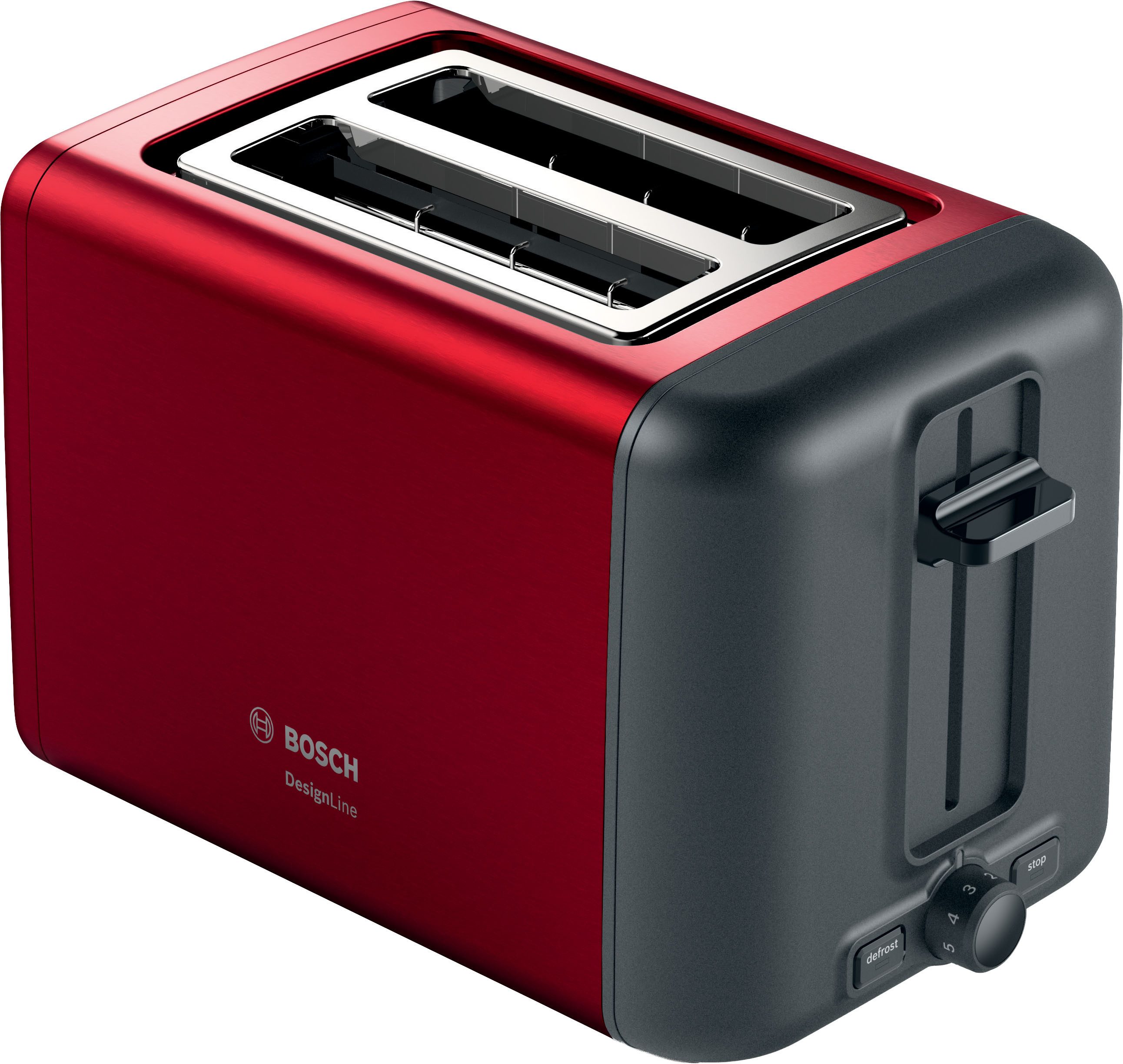 BOSCH Toaster DesignLine TAT3P424DE, Integrierter Edelstahl-Brötchenaufsatz, 2 kurze Schlitze, 820 W, Abschaltautomatik, Auftaufunktion, Liftfunktion, Breit, rot
