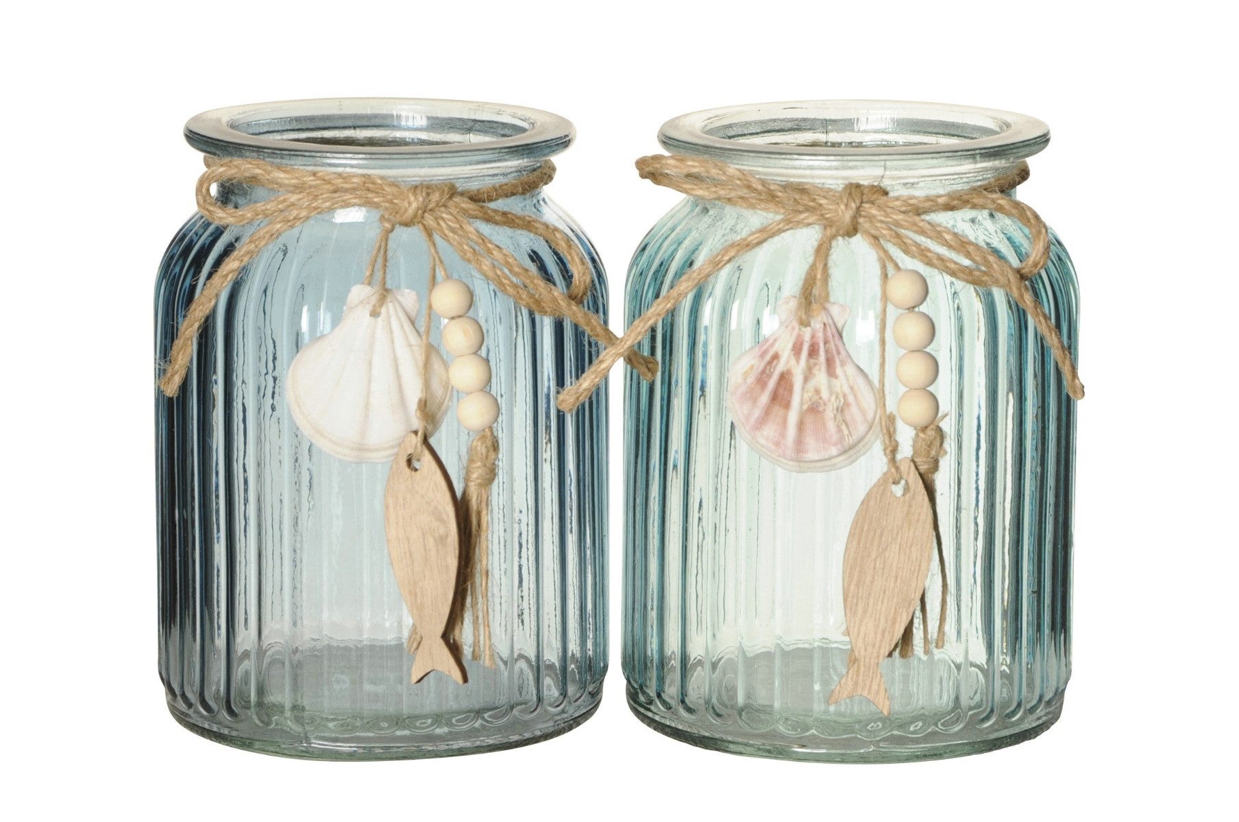 finehomegarden Windlicht Teelichhalter 2Farbig sort. Maritim Glas grau/blau Ø11cm H14cm (2 St), Kerzenhalter Fisch Dekoration Sommer / Paket