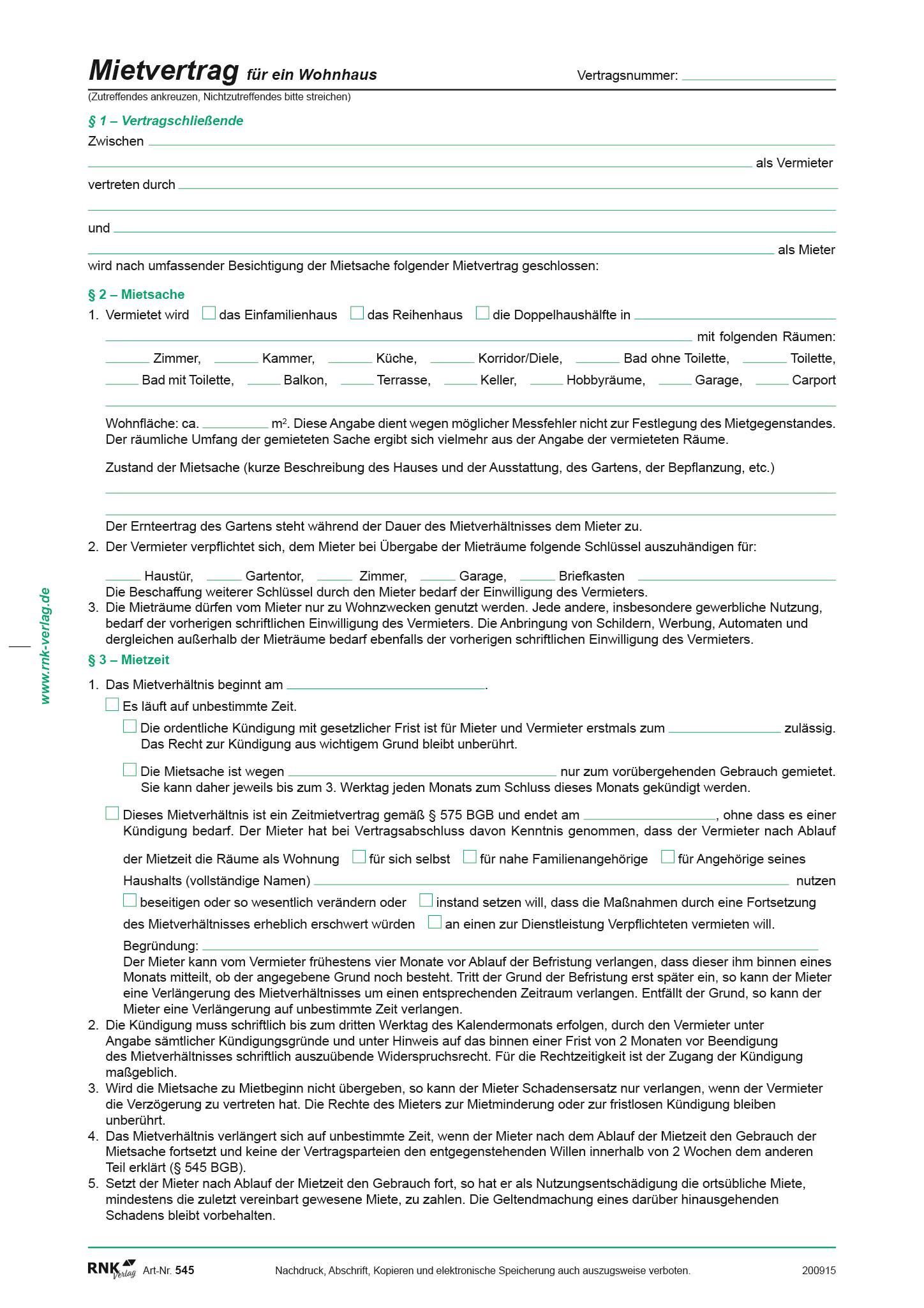 RNK Verlag Formularblock RNK Mietvertrag Haus A4