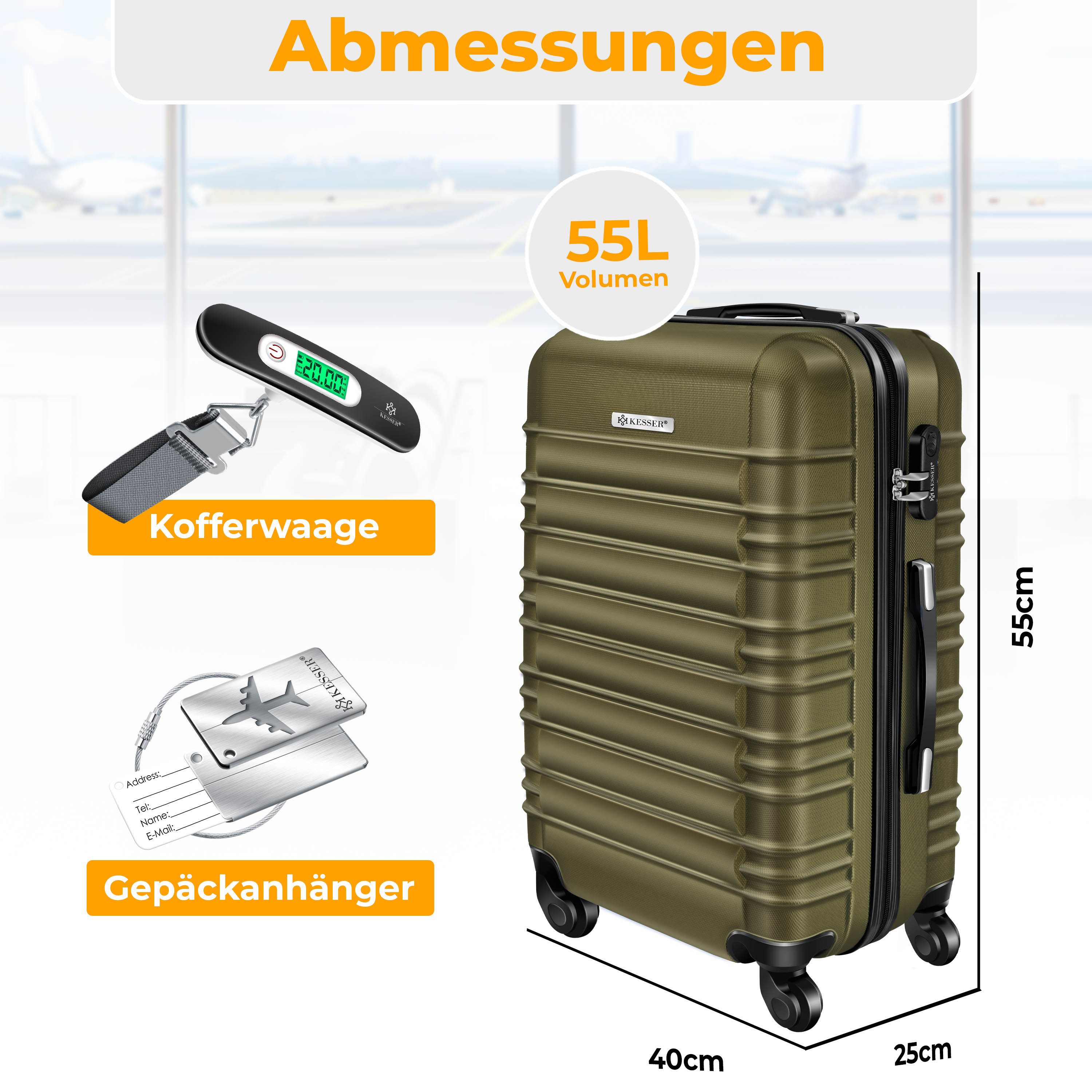 KESSER Hartschalen-Trolley Reisekoffer Handgepäck 55L Koffer Inkl. Kofferwaage + Gepäckanhänger, 4 Rollen, Rollkoffer ABS-Hartschale mit 4 Rollen, Zahlenschloss & Teleskopgriff