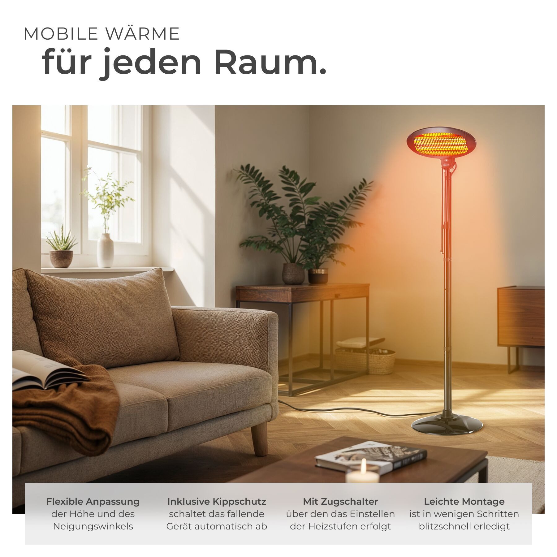tectake Infrarotstrahler Terrassenheizstrahler, 50 x 50 x 136 - 213 cm, keine Luftzirkulation, 650, 1300 und 2000 W, höhenverstellbar und neigbar, mit Kippschut – Bild 3 von 5