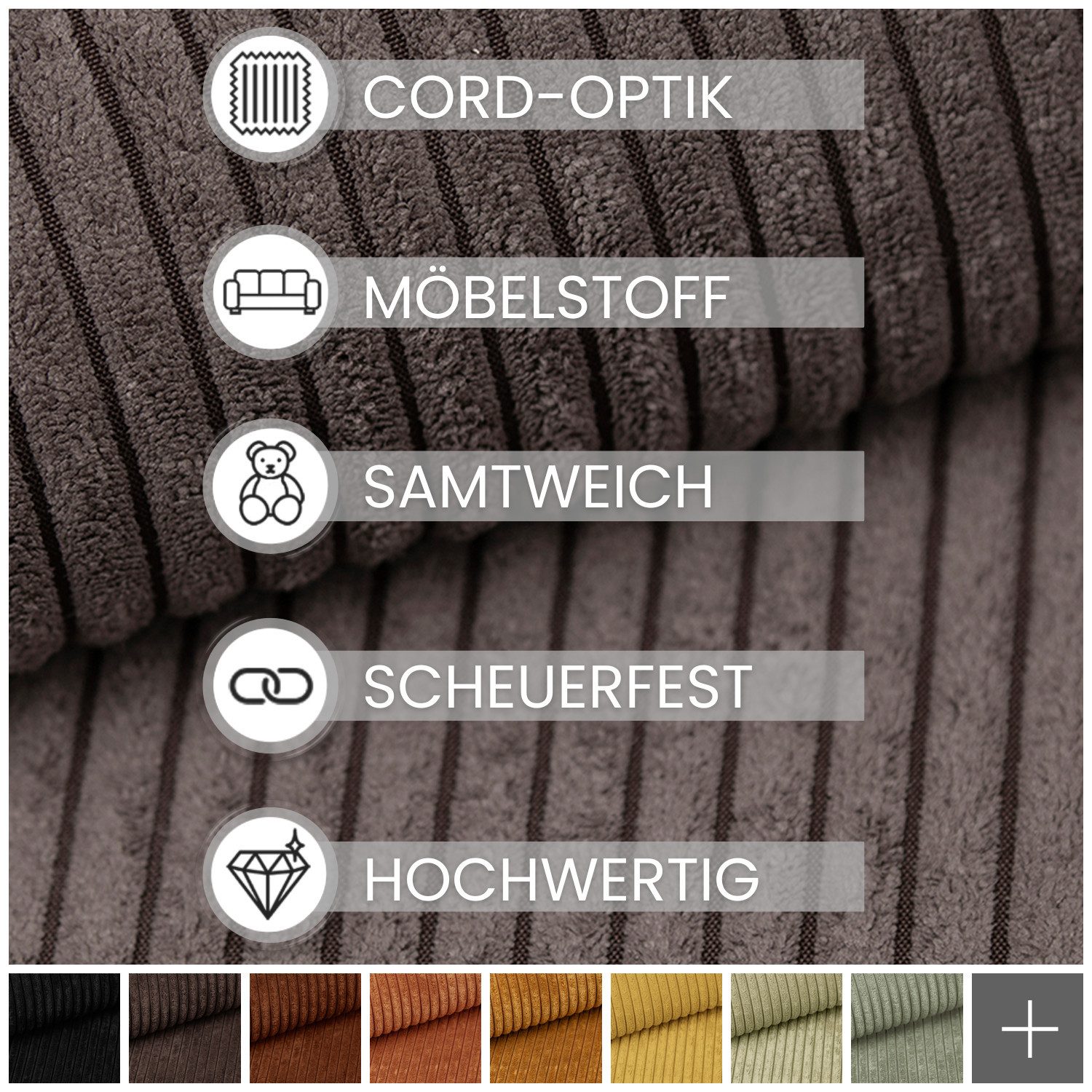 novely® Stoff PORTO - Polsterstoff in Breitcord-Optik - Ultraweicher Möbelstoff, Samtige Haptik, Reißfest, Fusselfrei, Robust, Meterware, 1lfm