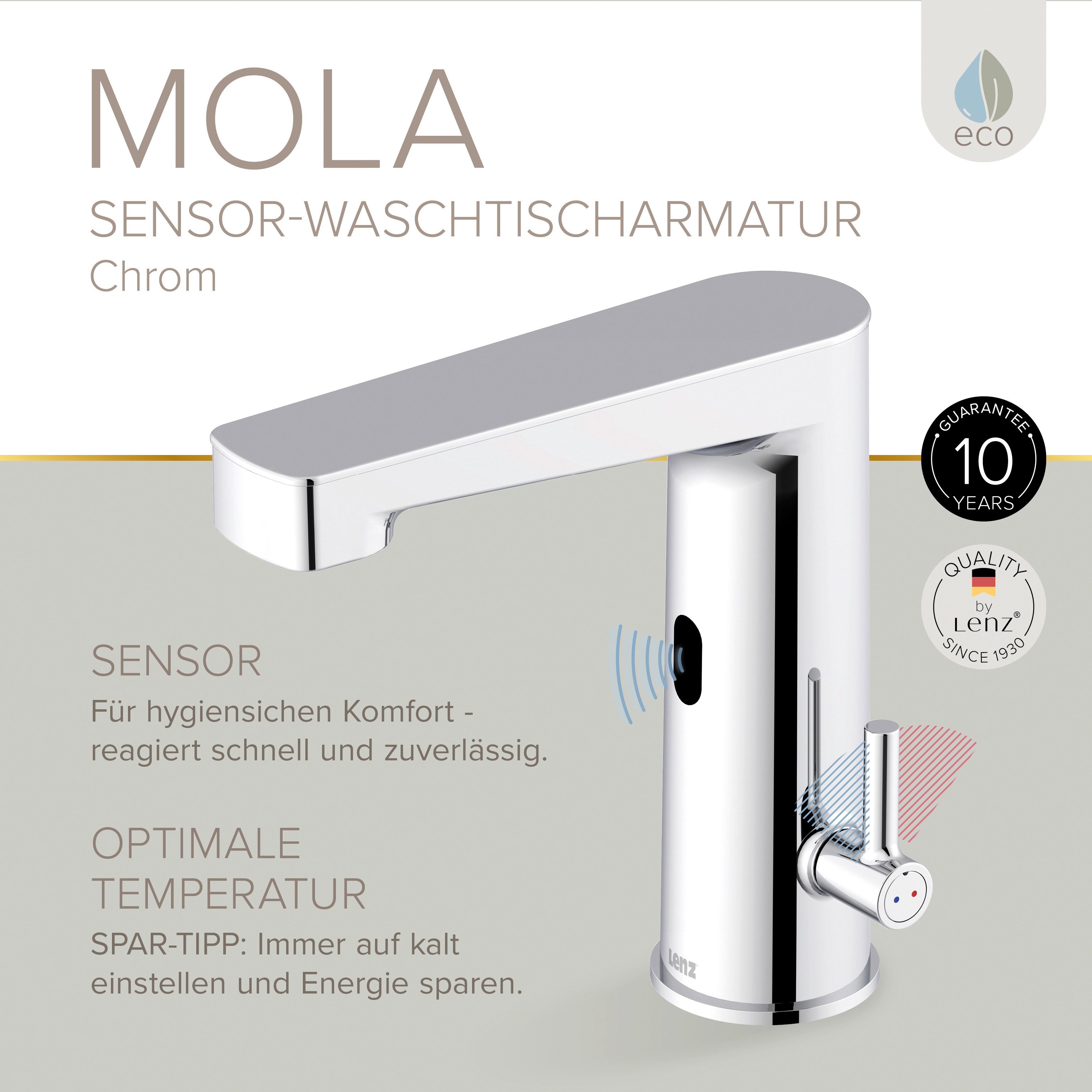 Lenz Waschtischarmatur MOLA Komfortable Sensorsteuerung, Nickelfrei, Mit Easy Clean Pop-Up Ventil
