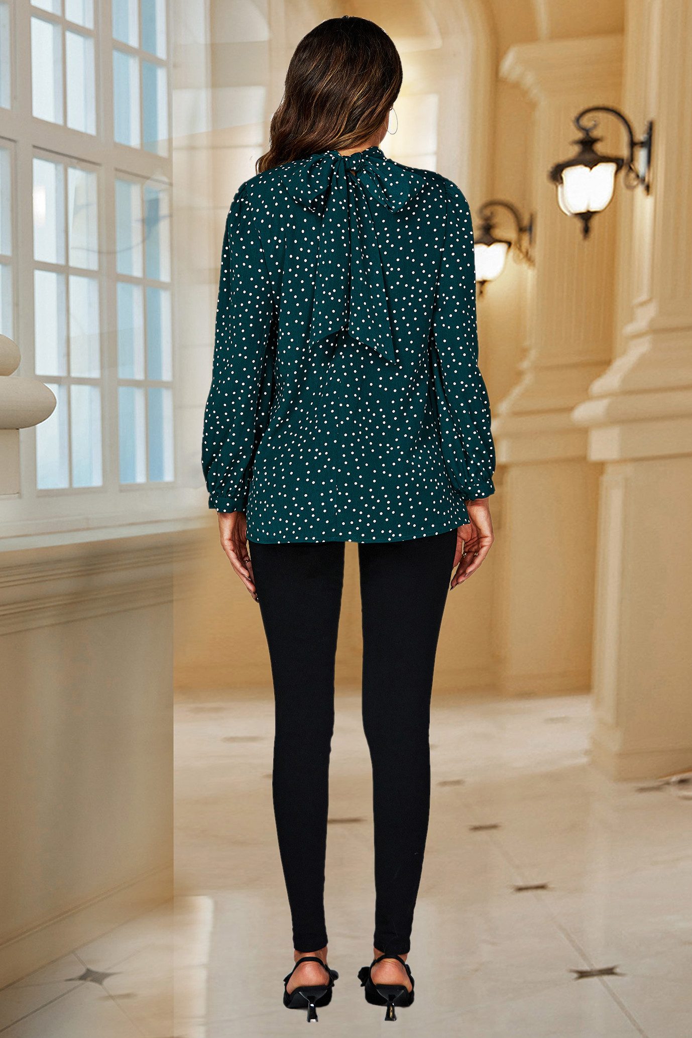 FS Collection Langarmbluse Damen Bluse mit Bindeband hinten und Polka-Dot-Print - Blusenoberteil (S (EU:36 / UK:8) M (EU:38 / UK:10) L (EU:40 / UK:12) XL (EU:42 / UK:14), Petrolgrün) leicht, glatt, formstabil und pflegeleicht