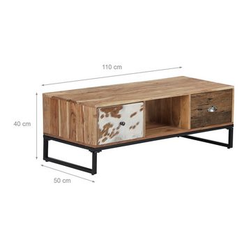 WOMO-DESIGN Lowboard TV Lowboard Taipei Wohnzimmer Konsolentisch Beistelltisch, Braun 110x50cm Unikat Massivholz Metallbeine Leder Industrie Design