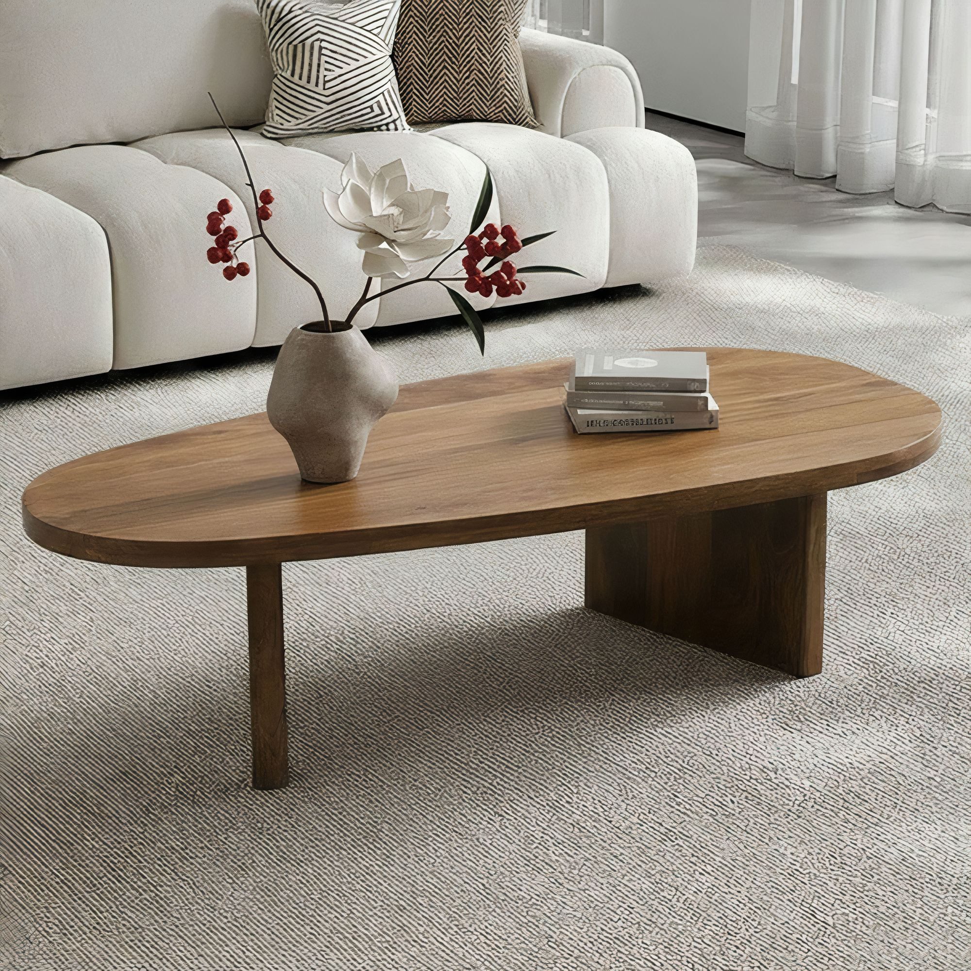 FINEBUY Couchtisch FB116572 Sofatisch Massivholz oval 120cm Beistelltisch Wohnzimmertisch (Schlichte Eleganz trifft auf klare Form), Handgefertigt aus massivem Echtholz