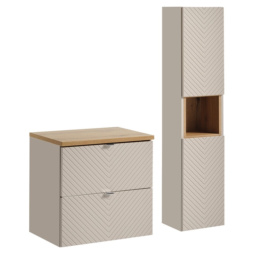 Lomadox Badmöbel-Set VERACRUZ-56, (Spar-Set, 2-St., Waschtischunterschrank Hochschrank), 60cm Unterschrank, gerillte Front, kaschmir mit Eiche