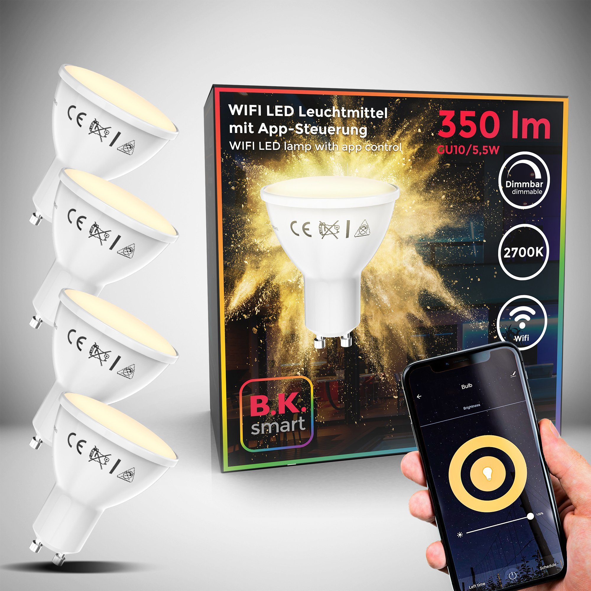 B.K.Licht LED-Leuchtmittel, dimmbar St., LED-Lampe, RGB, GU10, Warmweiß, WiFi, Smart Home App-Steuerung, 4