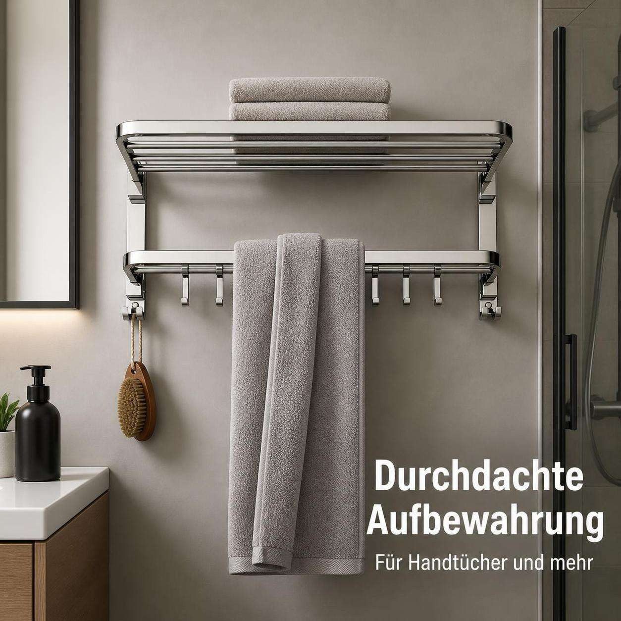 BBG Handtuchständer Handtuchhalter 58 cm aus Edelstahl 304, 2-stufig, klappbar, Handtuchregal mit Haken, zur Wandmontage zum Bohren oder Kleben – Bild 5 von 5