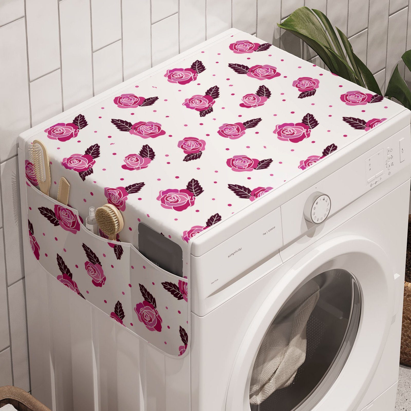 Abakuhaus Badorganizer Anti-Rutsch-Stoffabdeckung für Waschmaschine und Trockner, Romantisch Rose Motive mit Punkten Kunst