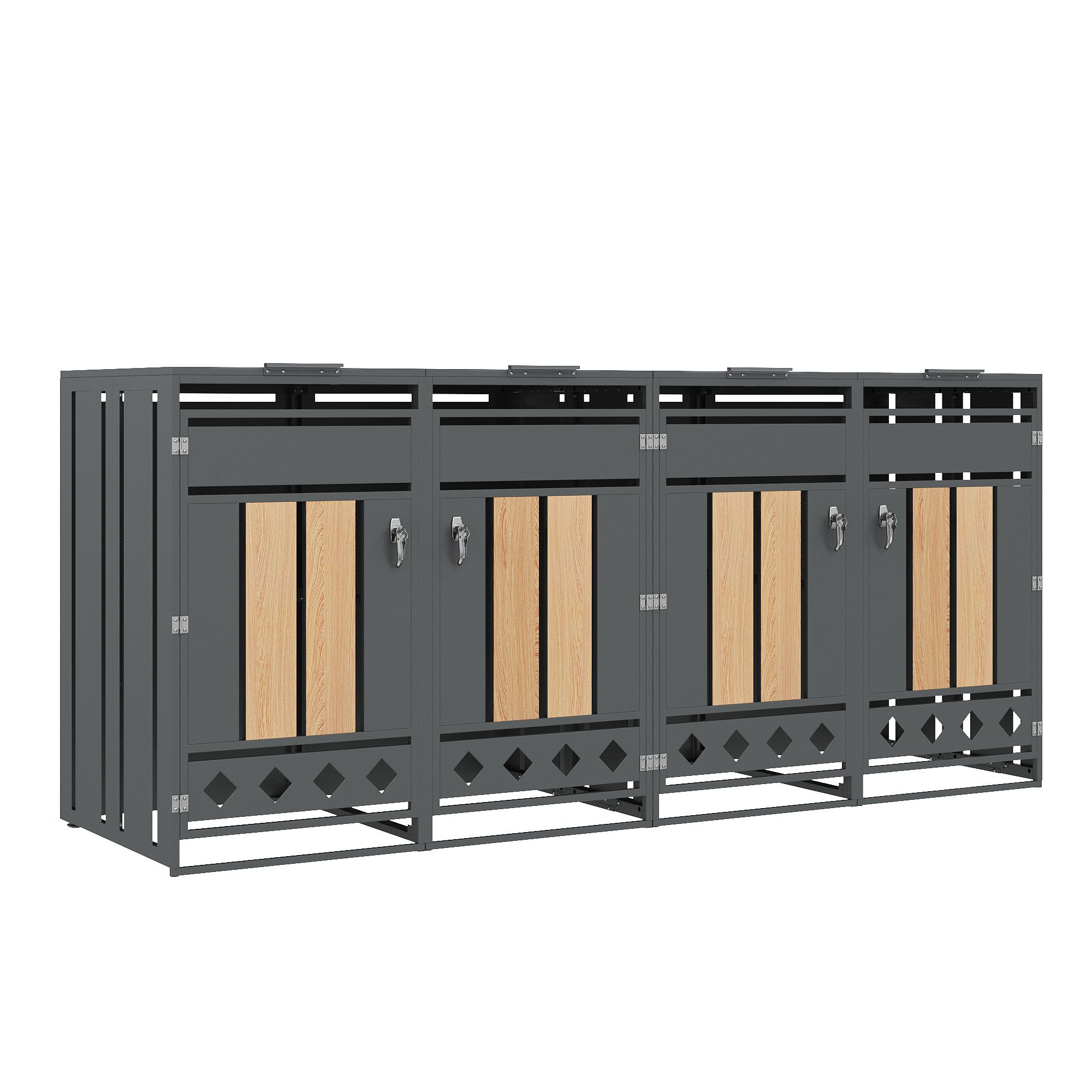 Refined Living Mülltonnenbox Mülltonnenbox für 2/4 Tonnen Stahl, Schloss, Holzoptik, wetterfest (Mülltonnenbox für 4 Tonnen, 264x80x124,5 cm, Stahl verzinkt, Holzoptik vertikal, 2 St., abschließbar, Rautenbelüftung, Pflanzfläche, große Kapazität), Mülltrennung System, Garten Wohnanlage Gewerbe, wetterfest