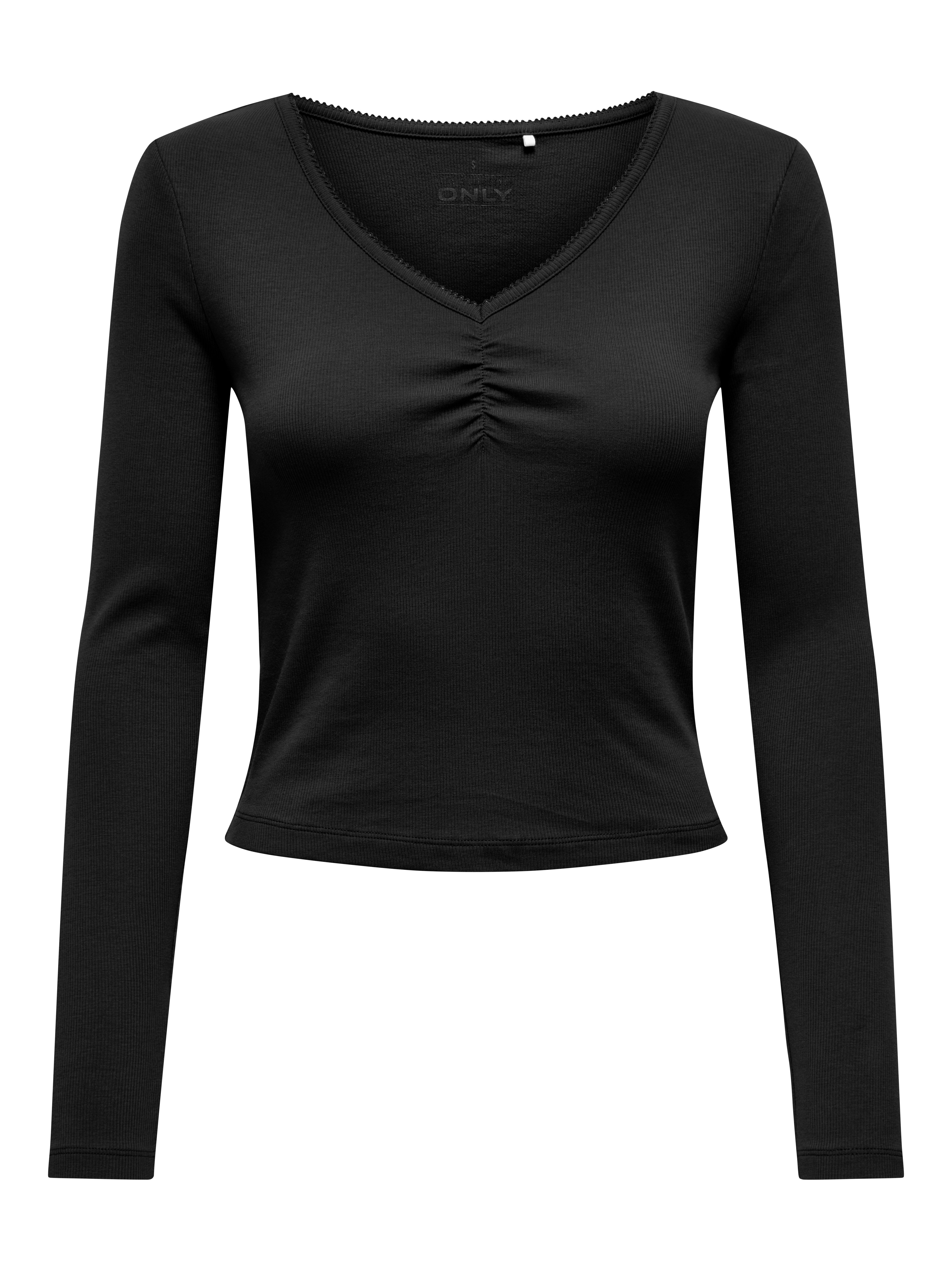 ONLY Langarmshirt ONLBETTY LIFE L/S SCALLOP V-NECK CC JRS mit Raffung am Ausschnitt