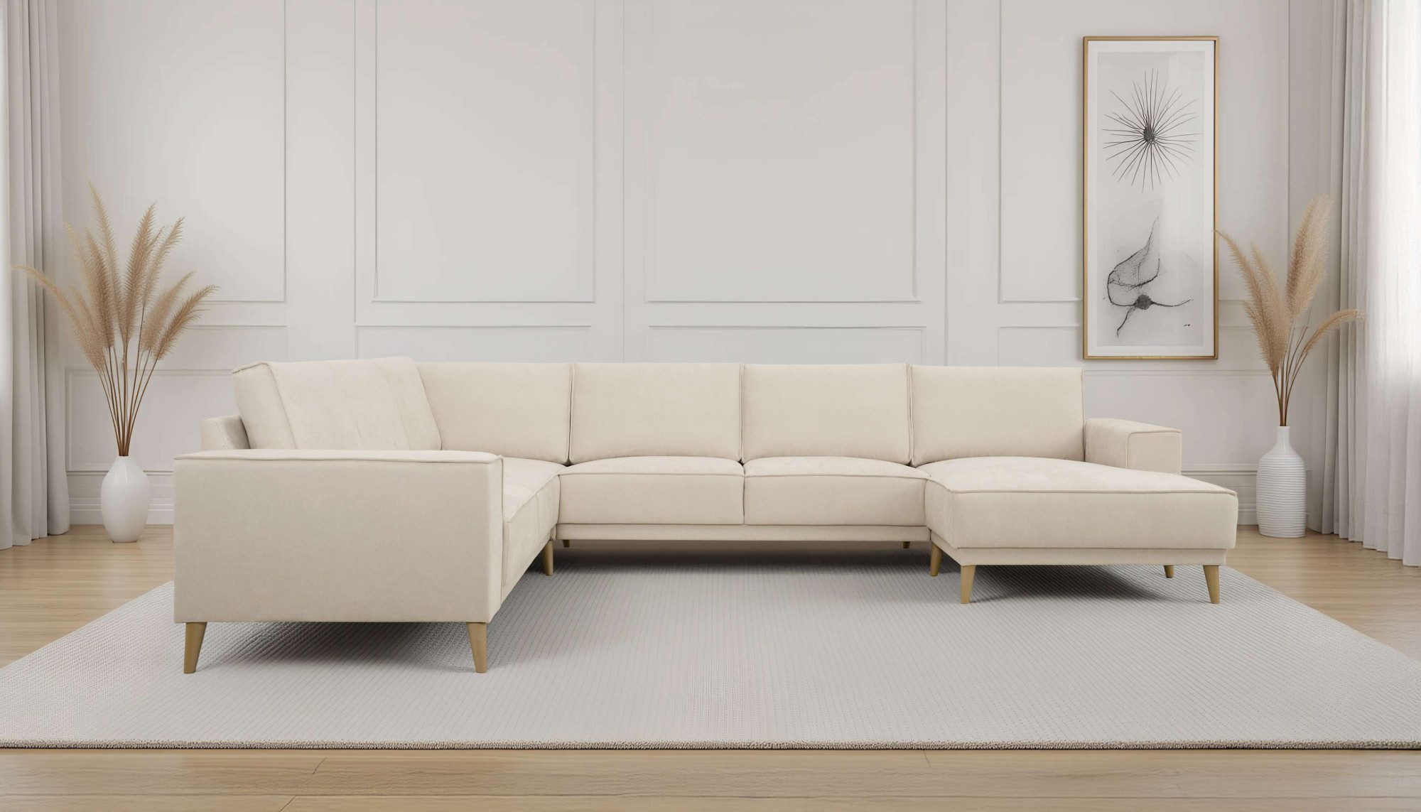 OTTO home Wohnlandschaft Oland Skandi, weicher Chenille-Stoff, U-Form, 342 cm, Wellenunterfederung, Skandi-Design, Massivholzfüße