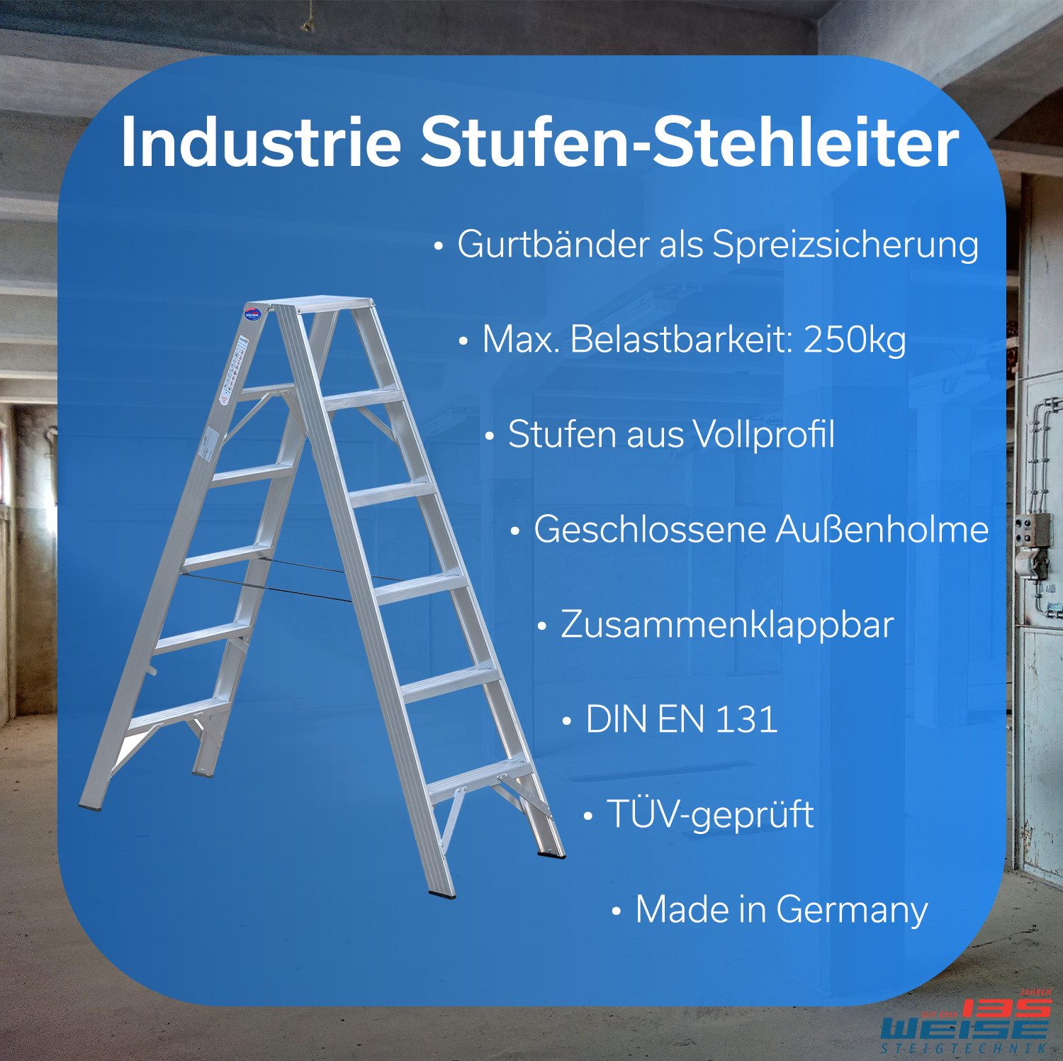 Weise Steigtechnik Trittleiter beidseitig begehbare Industrie Stufen-Stehleiter inkl. Deckstufe (max. 250 kg, 1-St., 7 Stufen), trittsichere & geriefte Stufen, klappbare Trittleiter mit Gurtbänder
