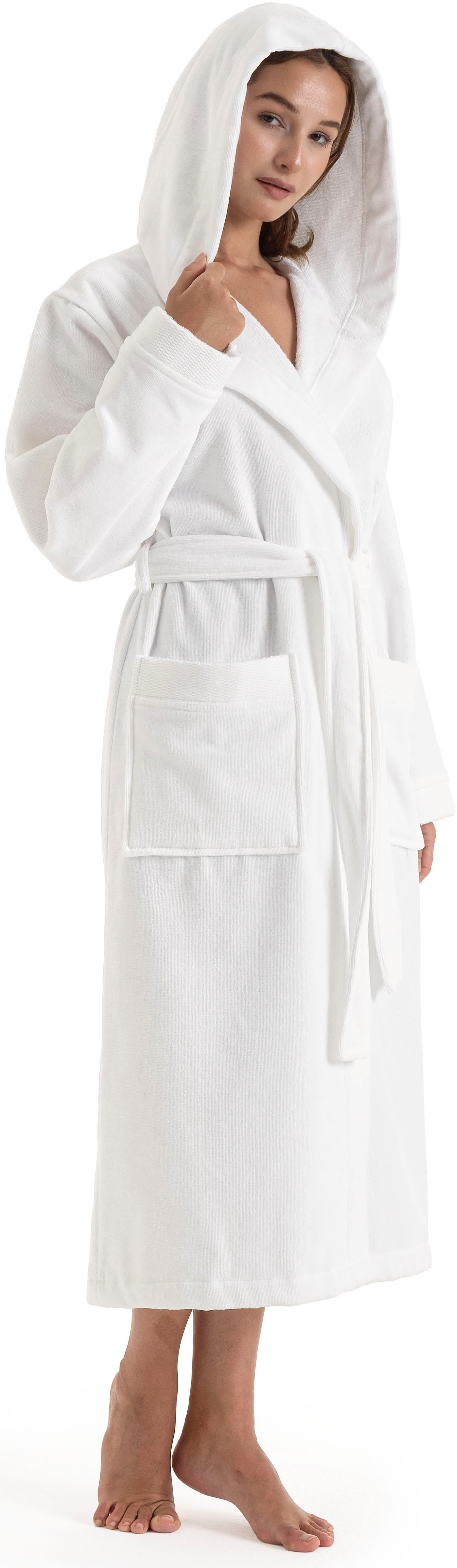 OTTO home Unisex-Bademantel Fenya, 330 g/m², Premium, Hotelbademantel, Morgenmantel, Sauna & Spa, Langform, Veloursfrottier, Kapuze, Gürtel, Reißverschlusstaschen, weich mit GRATIS-Zugabe: 1x Duschtuch 70x140 cm
