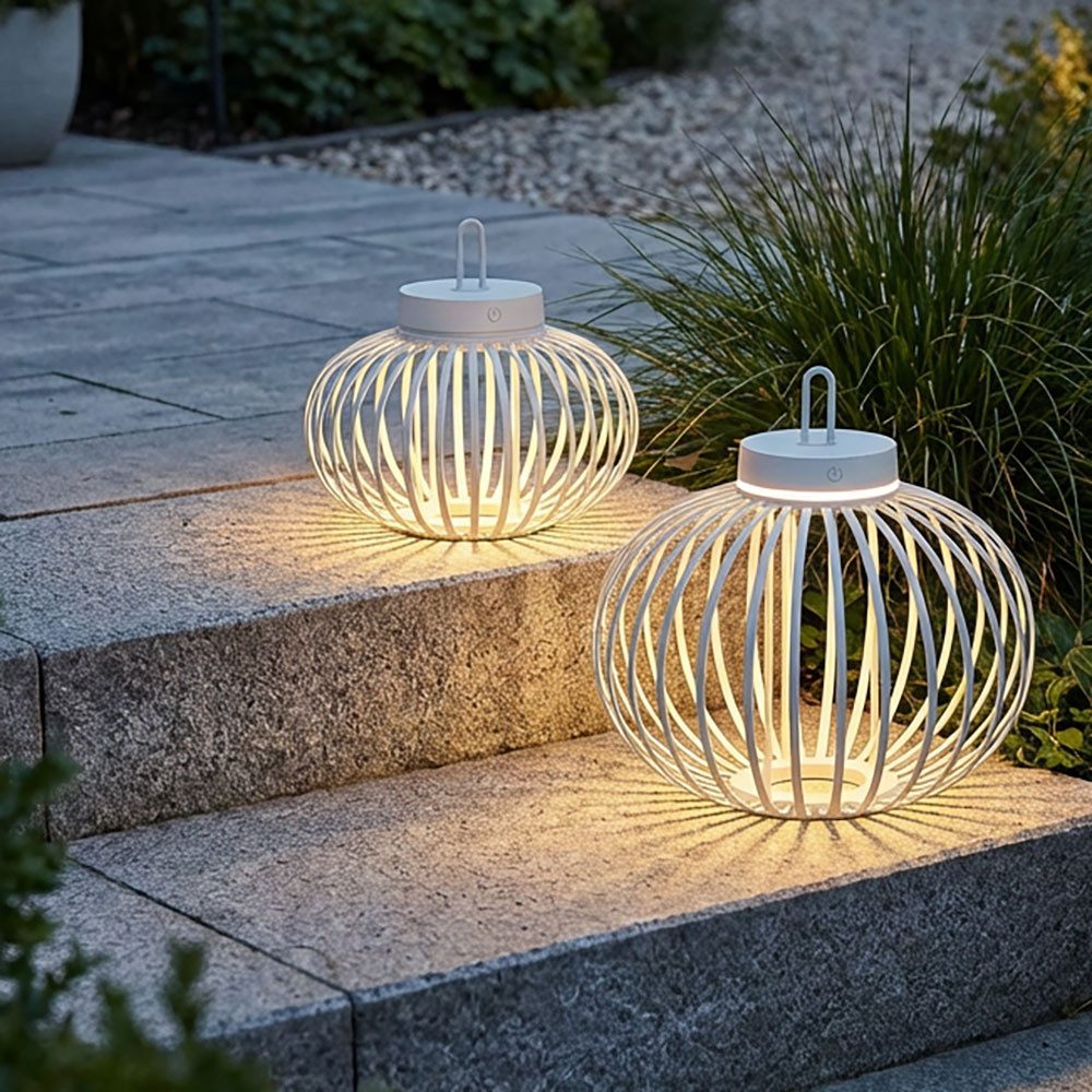 JUST LIGHT Außen-Tischleuchte, LED-Leuchtmittel fest verbaut, Warmweiß, LED Tischleuchte Pendellampe Akku Bambus greige USB Touchdimmer 2x