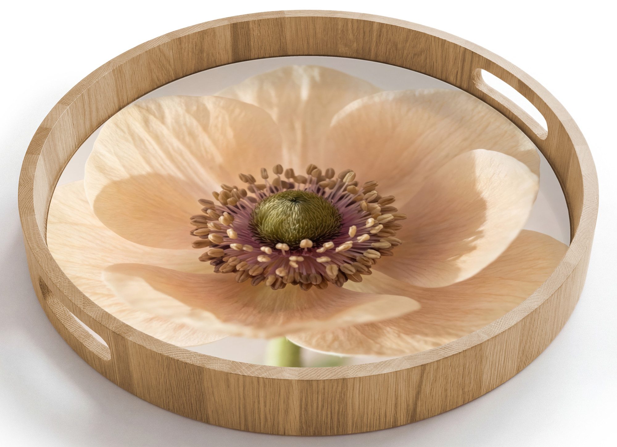 OnlyWow Tablett Rund mit Henkel Blume - Minimalistisch - Grün, Eichenholz, (1-tlg), Siervierplatte, Tray, Frühstücksbrett