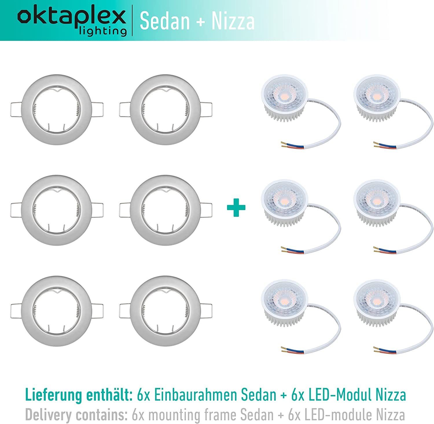 Oktaplex lighting LED Lumen, 3000 380 Kelvin Module flach 5W inkl. LED chromfarben 230V Strahler Stück wechselbar, Einbaustrahler Dimmbar, LED warmweiß, Leuchtmittel 6