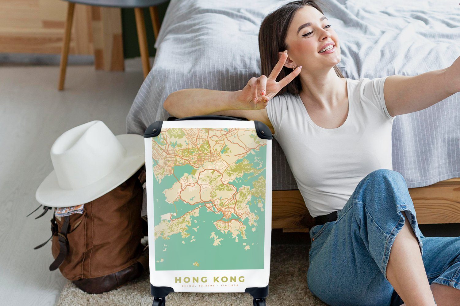 Handgepäck - Vintage rollen, Karte, MuchoWow Ferien, Reisekoffer Trolley, Hongkong Karte - für Rollen, Handgepäckkoffer Reisetasche 4 mit - Stadtplan -