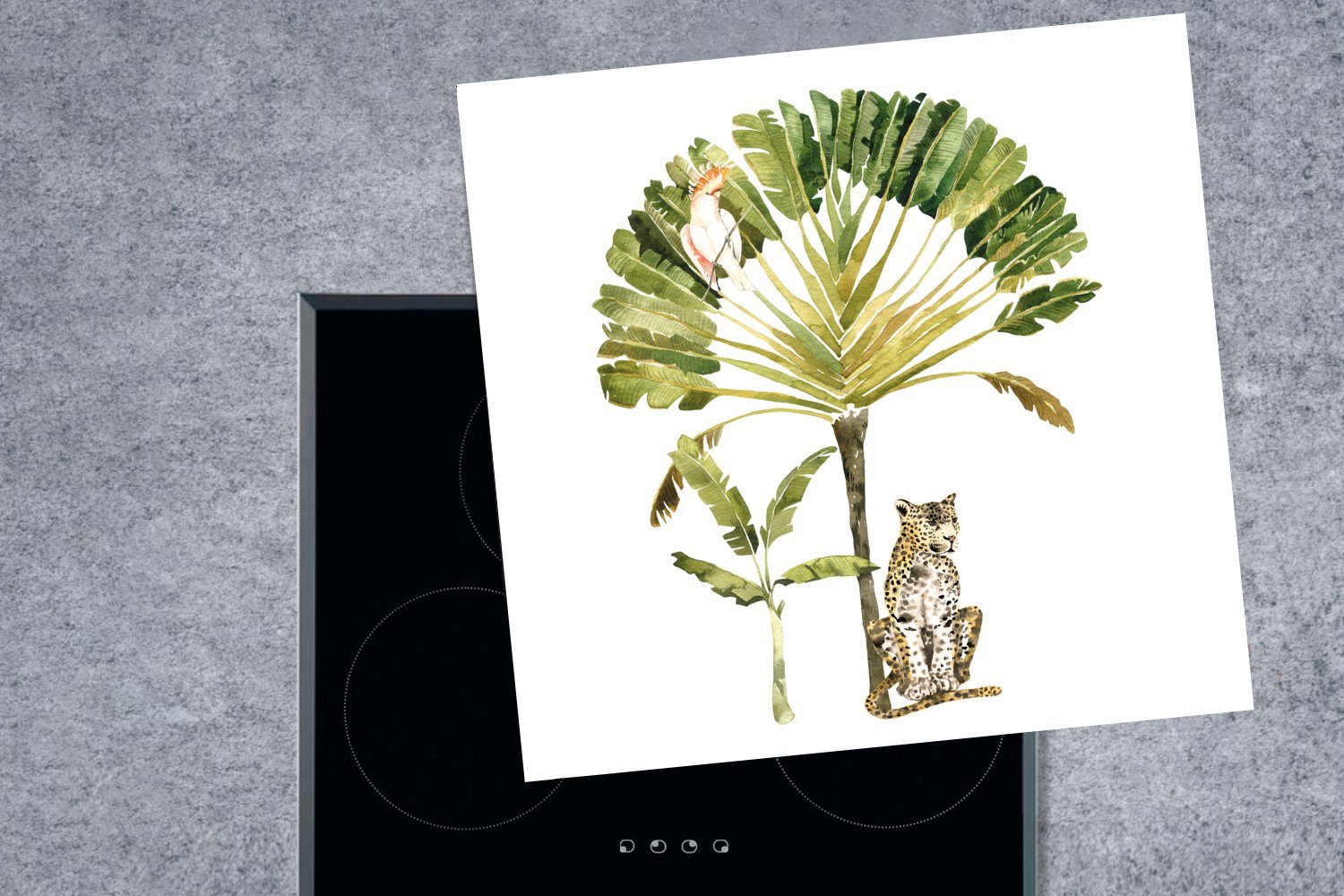 Ceranfeldabdeckung, Leopard, Herdblende-/Abdeckplatte tlg), cm, (1 Vinyl, Kakadu 78x78 für MuchoWow küche Dschungel - Arbeitsplatte -