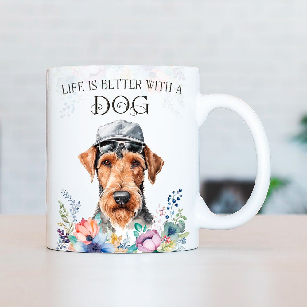 Cadouri Tasse AIREDALE TERRIER Kaffeetasse - Hundefreunde, beidseitig mit Geschenk, 330 ml Hunderasse, Keramik, bedruckt, für handgefertigt