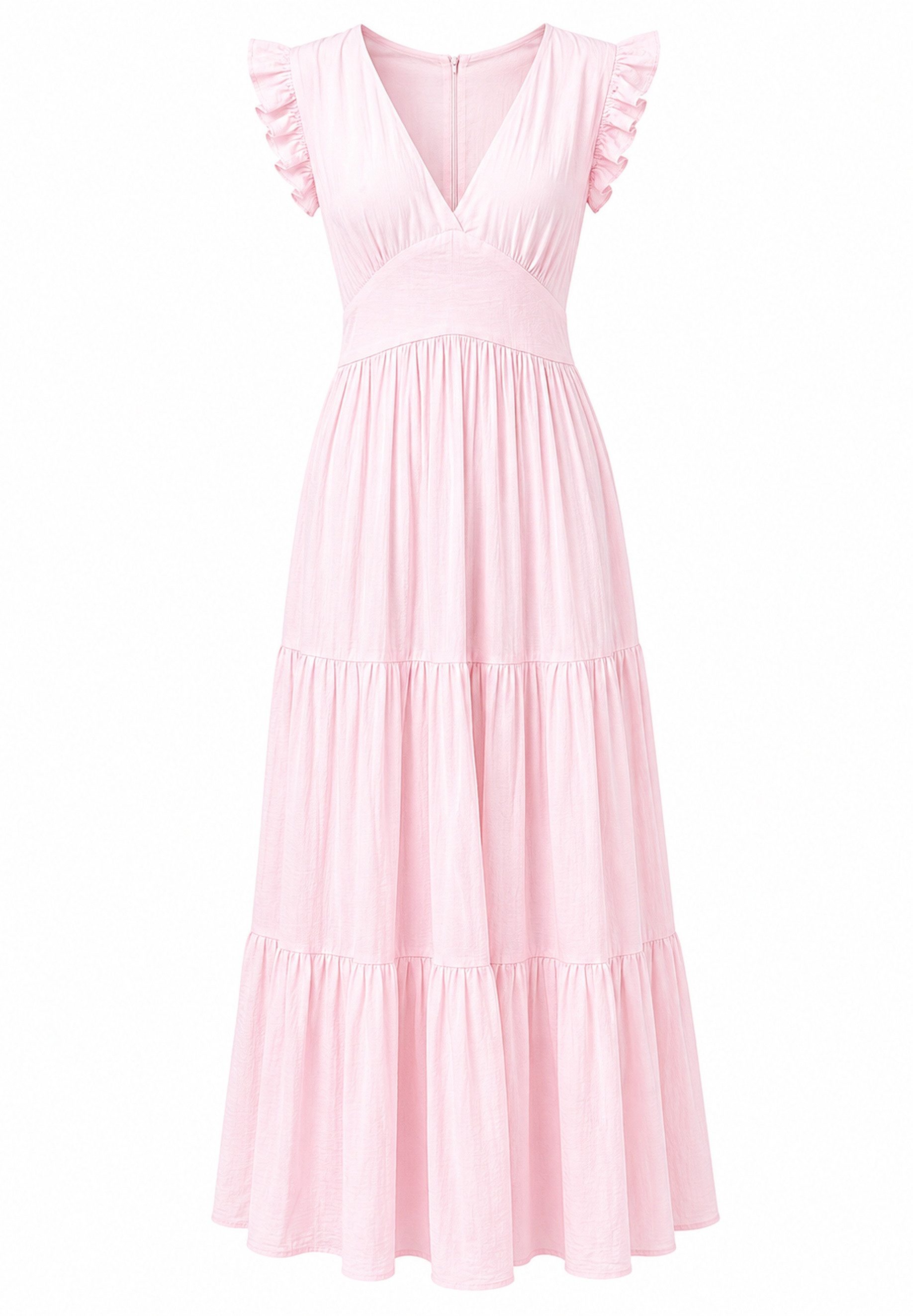 Elara Maxikleid Damen Sommerkleid mit V-Ausschnitt, Volants und gesmokter Taille (1-tlg)