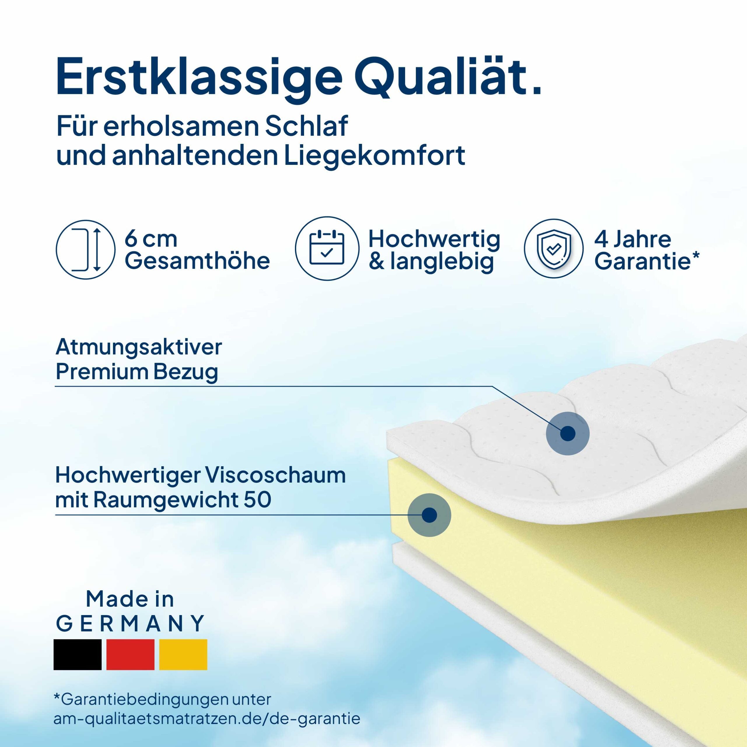 AM Qualitätsmatratzen, Topper Viscoschaum, Premium Visco-Topper, Memory Foam, Druckentlastend, 6 cm hoch, Viscoschaum (6cm), 80x200 cm