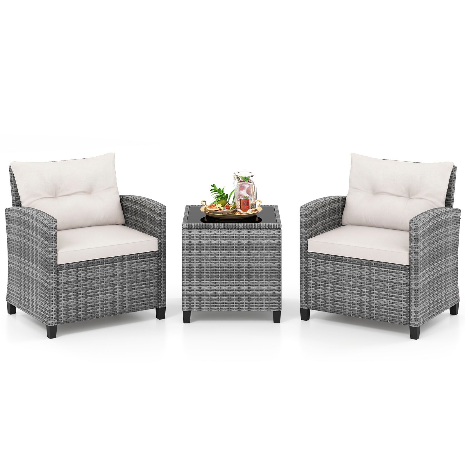 COSTWAY Balkonset, (3-tlg), Rattan Gartenmöbel Set, Balkonmöbel klein mit Kissen