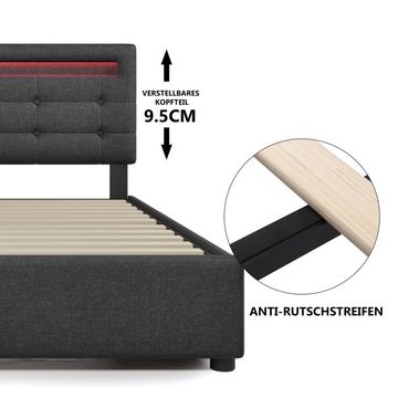 WISHDOR Polsterbett Doppelbett mit Schubladen LED Leuchte (ohne Matratze, Bettgestell mit Lattenrost und Bettstauraum Aufbewahrung Funktion), mit Schubladen aus stabilem Drahtgeflecht, 90x200cm