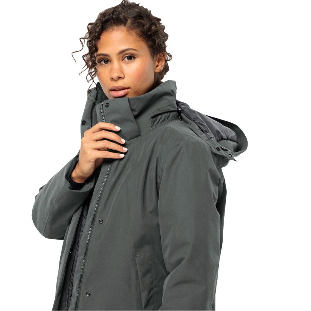 Jack Wolfskin Wintermantel Salier Coat (abnehmbare Kapuze, wasser- und winddicht) dunkelgrün
