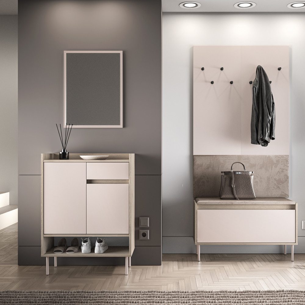 Lomadox Garderoben-Set VITTORIA-131, (Spar-Set, 4-St., Spiegel Kommode Wandpaneel Schuhbank), in Kaschmir mit Holz-Optik