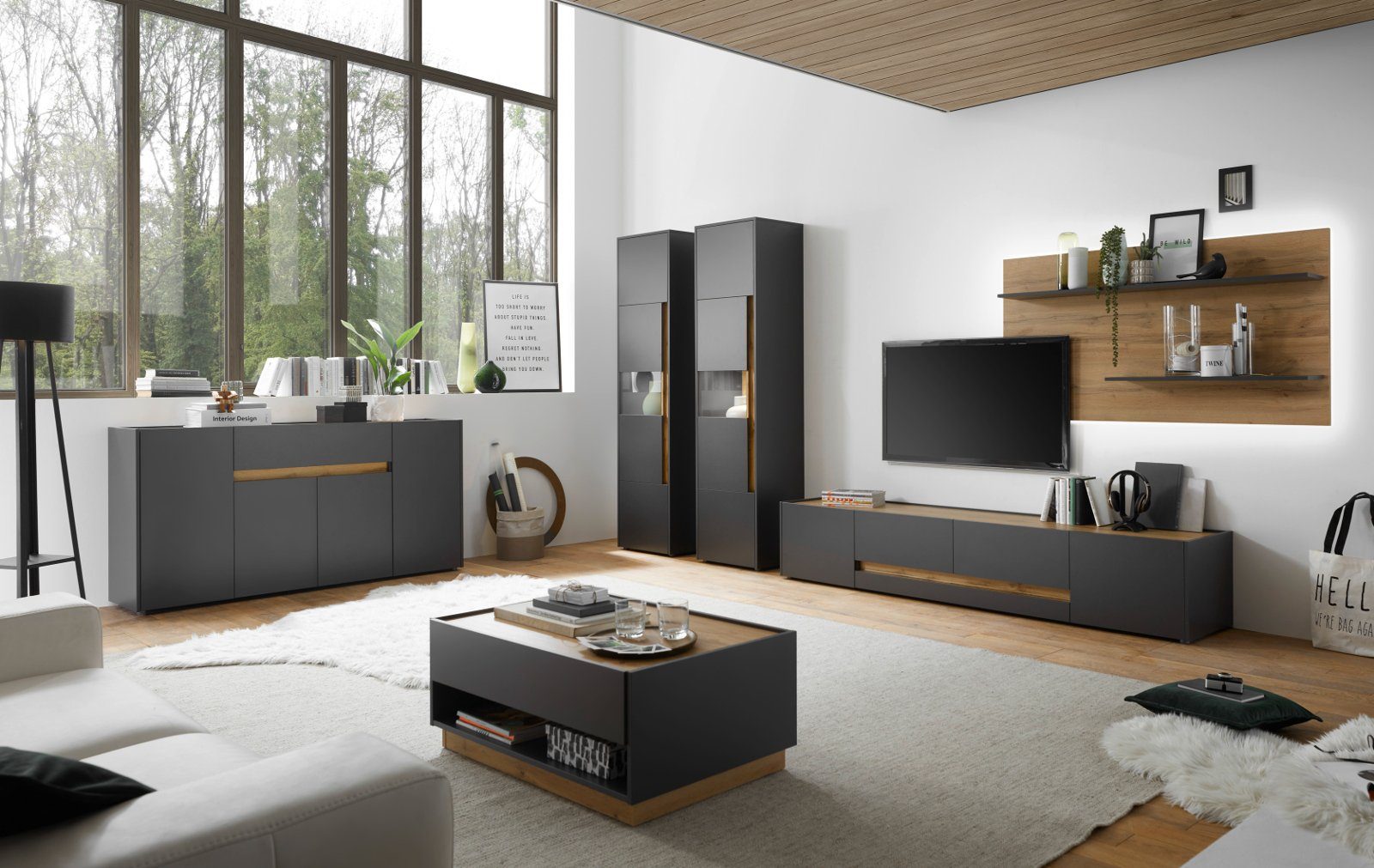 Center, Set Furn.Design grau mit Eiche, 4-teilig), Wotan und Wohnwand großem TV-Lowboard (in