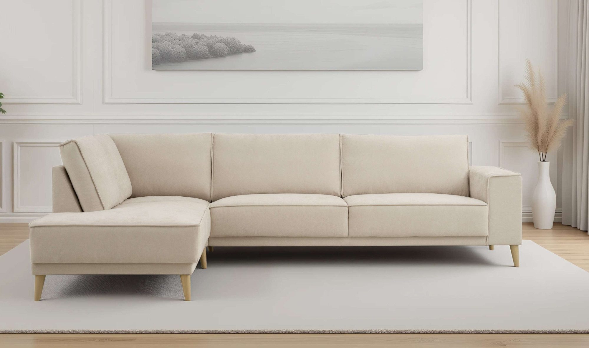 OTTO home Ecksofa Oland Skandi, weicher Chenille-Stoff, L-Form, 289 cm, Wellenunterfederung, Skandi-Design, Massivholzfüße