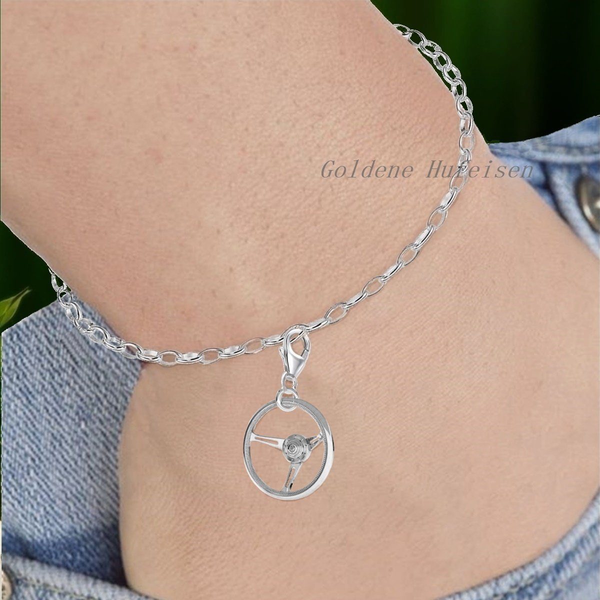 Goldene Hufeisen Charm-Einhänger Lenkrad Karabiner Charm 925 Sterling-Silber Anhänger, für Kettenanhänger oder Armbänder