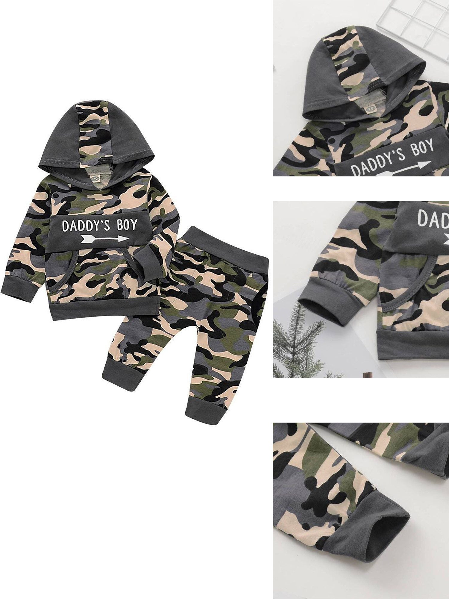 Gluckids Baby Boys Long Sleeve Hooded Top & Pants Outfit Camo Baby Clothes (2-piece) Newborn Letter Print Sweatshirt Pantsuit Hoodie Top & Pants Baby Set