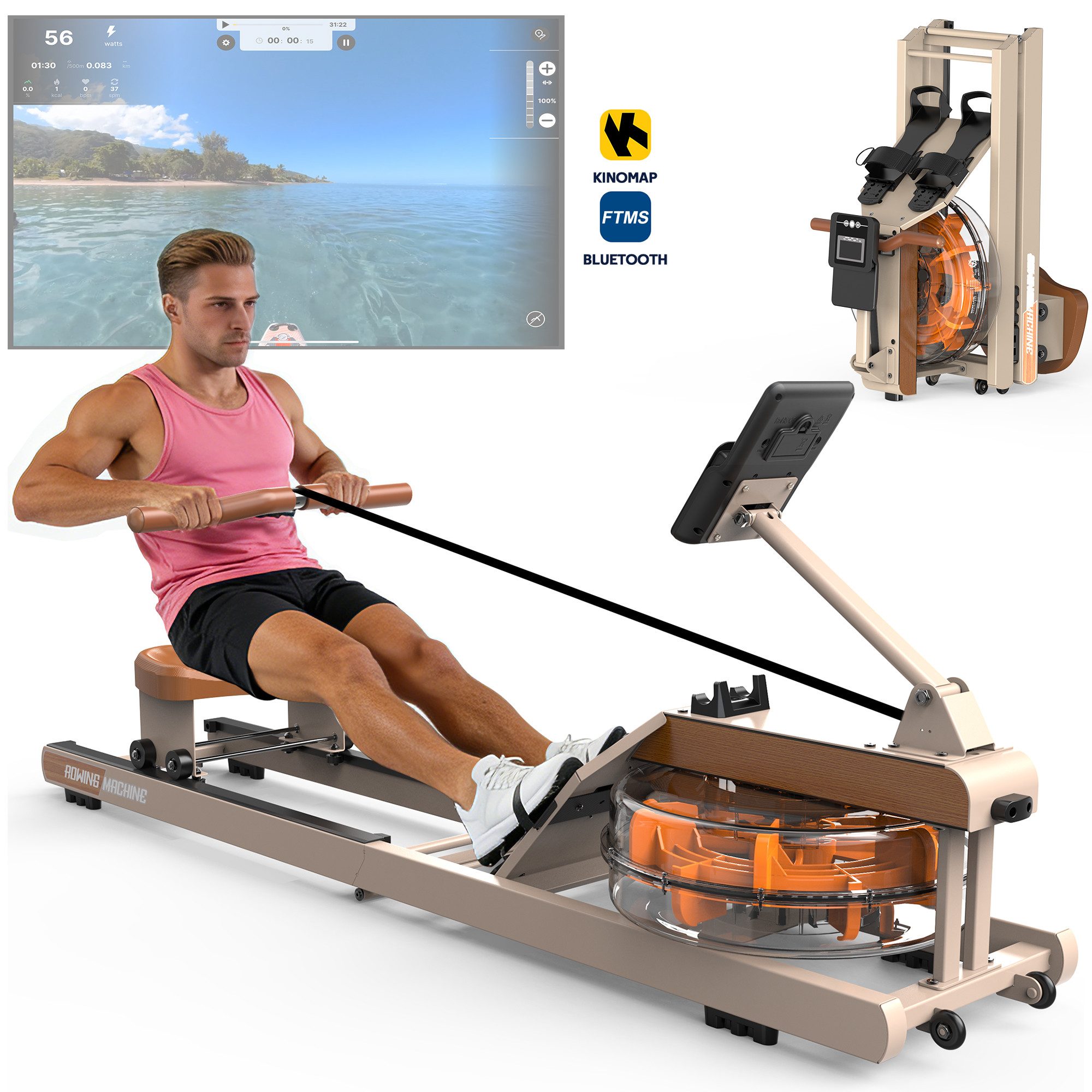 VOWVIT Rudergerät Klappbares Wasserrudergerät mit immersiver Trainingserfahrung (1-tlg), Bluetooth-Display, 98 % vormontiert, belastbar bis 160 kg