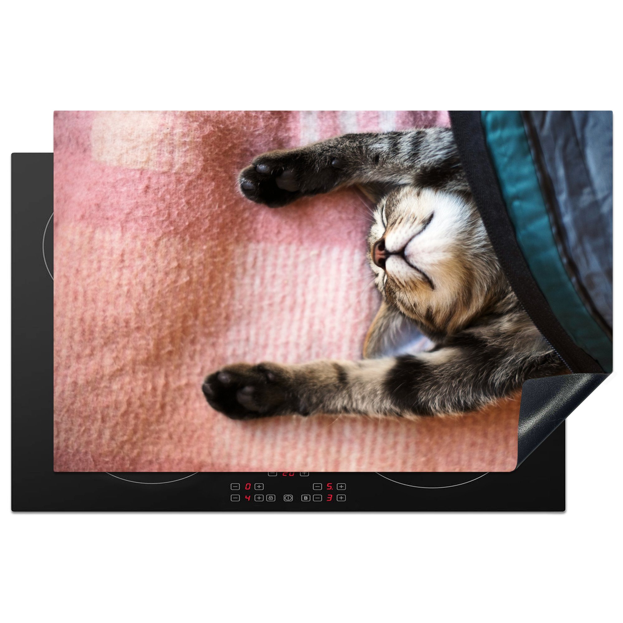 MuchoWow Herdblende-/Abdeckplatte Schlafende Katze auf einem Teppich, Vinyl, (1 tlg), 81x52 cm, Induktionskochfeld Schutz für die küche, Ceranfeldabdeckung