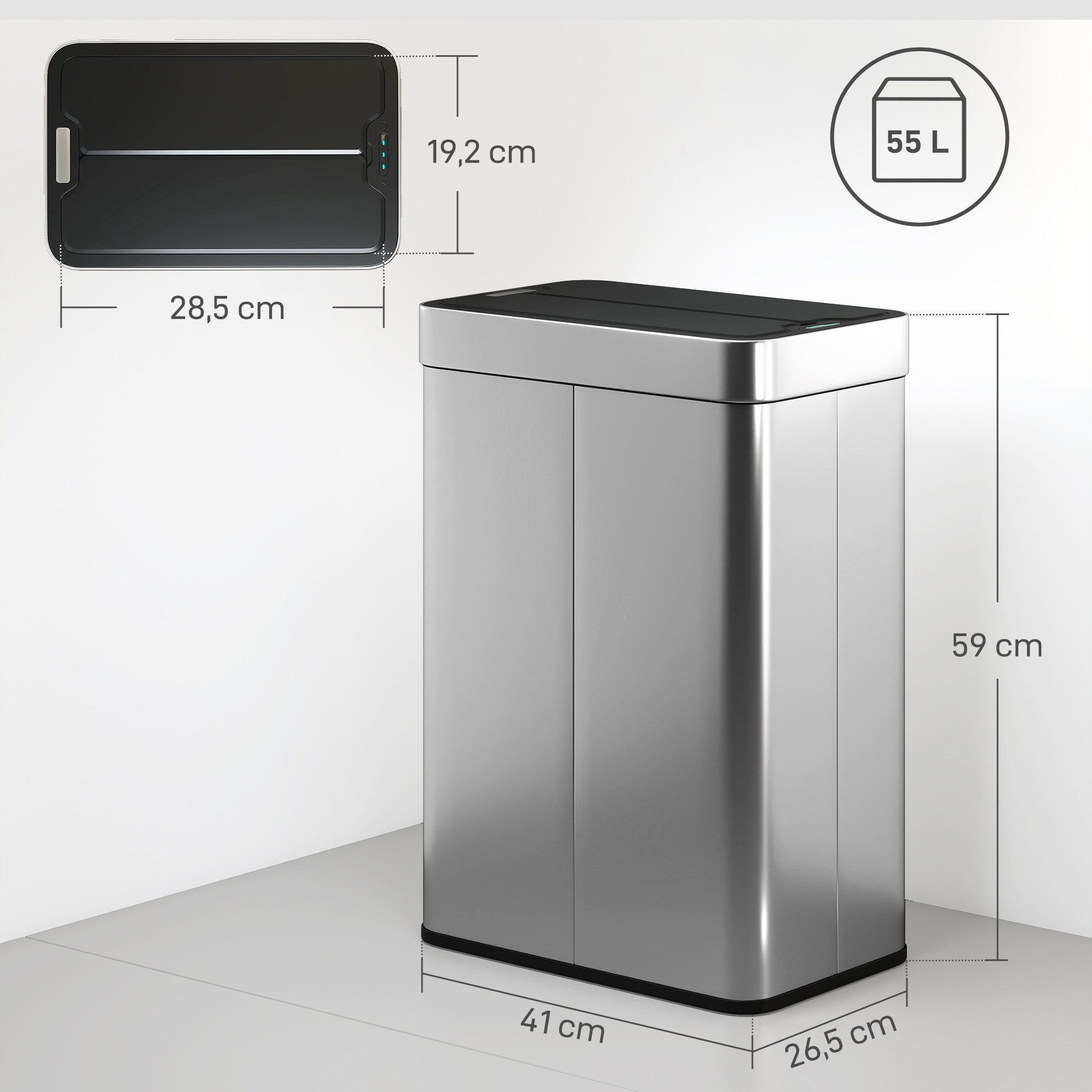 HOMCOM Mülleimer Sensor 55L berührungslos Bewegungssensor fingerabdruckresistent, aus Edelstahl, für Küche, Fitnessstudio, Büro, Silber