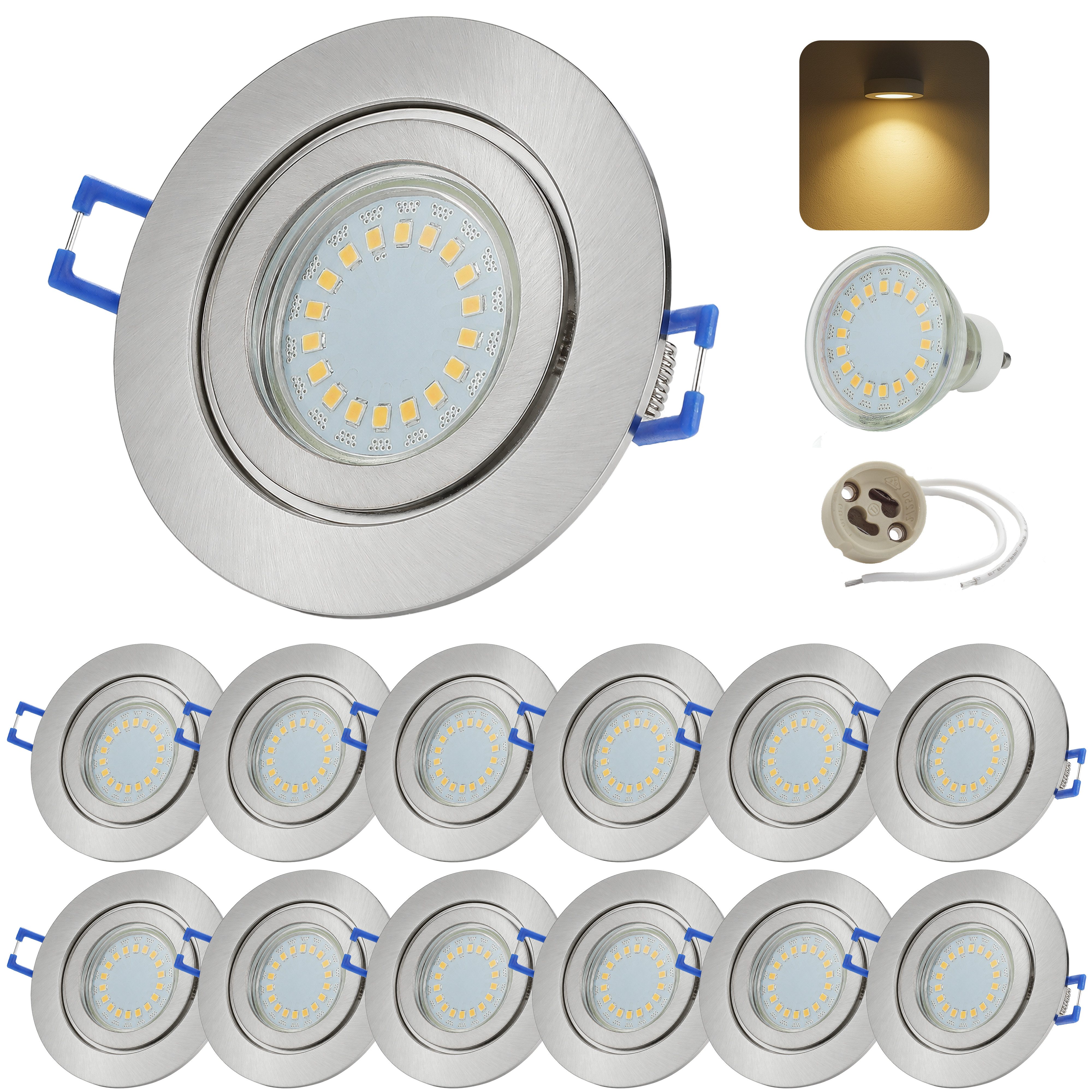 Sweet LED LED Einbaustrahler 12er Set IP44 GU10 5W 3000K Chrom Bad Spots 230V 430lm Aluminium, LED wechselbar, 3000K - Warmweiß, Deckenspots, Ø84 mm, Einbauleuchten