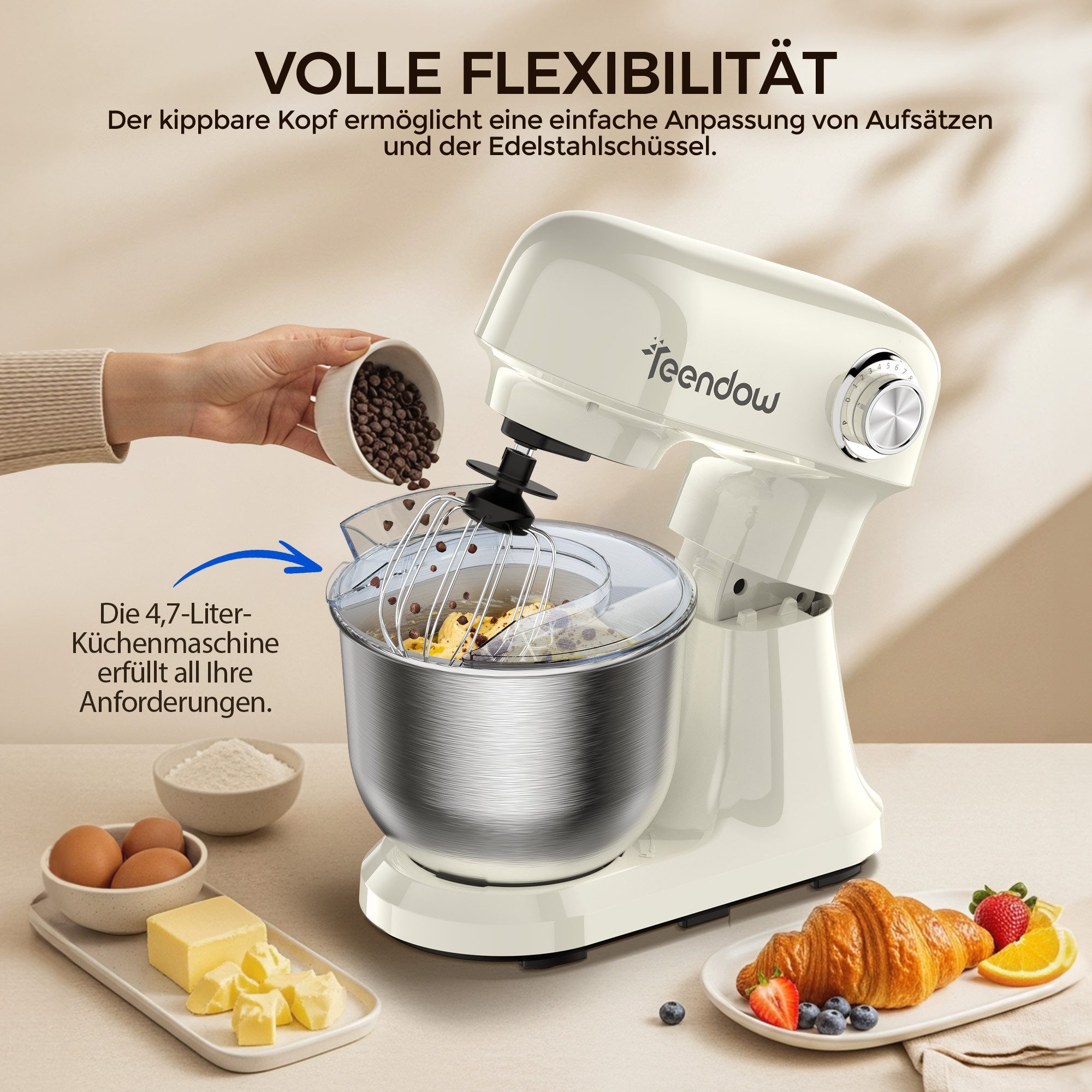 Teendow Küchenmaschine Multifunktionale Küchenmaschine mit 12-Geschwindigkeit, kippbarem Kopf, 1500 W, 4,7 l Schüssel, mit Knethaken, Schneebesen, und Rührbesen