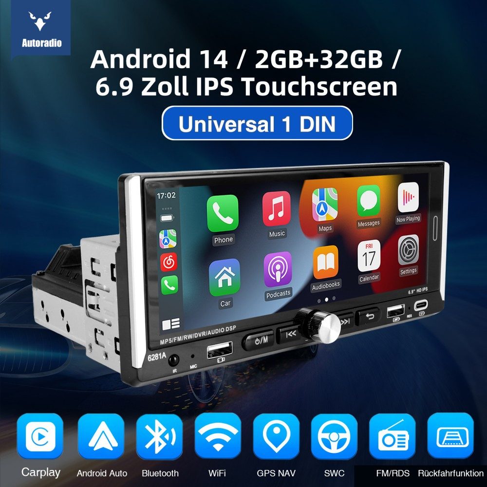 ESSGOO 4GB+64GB Single 1DIN Android 14 Apple Carplay Android Auto GPS WiFi Autoradio (Digitalradio (DAB), FM, AM, Touchscreen Mirror Link)