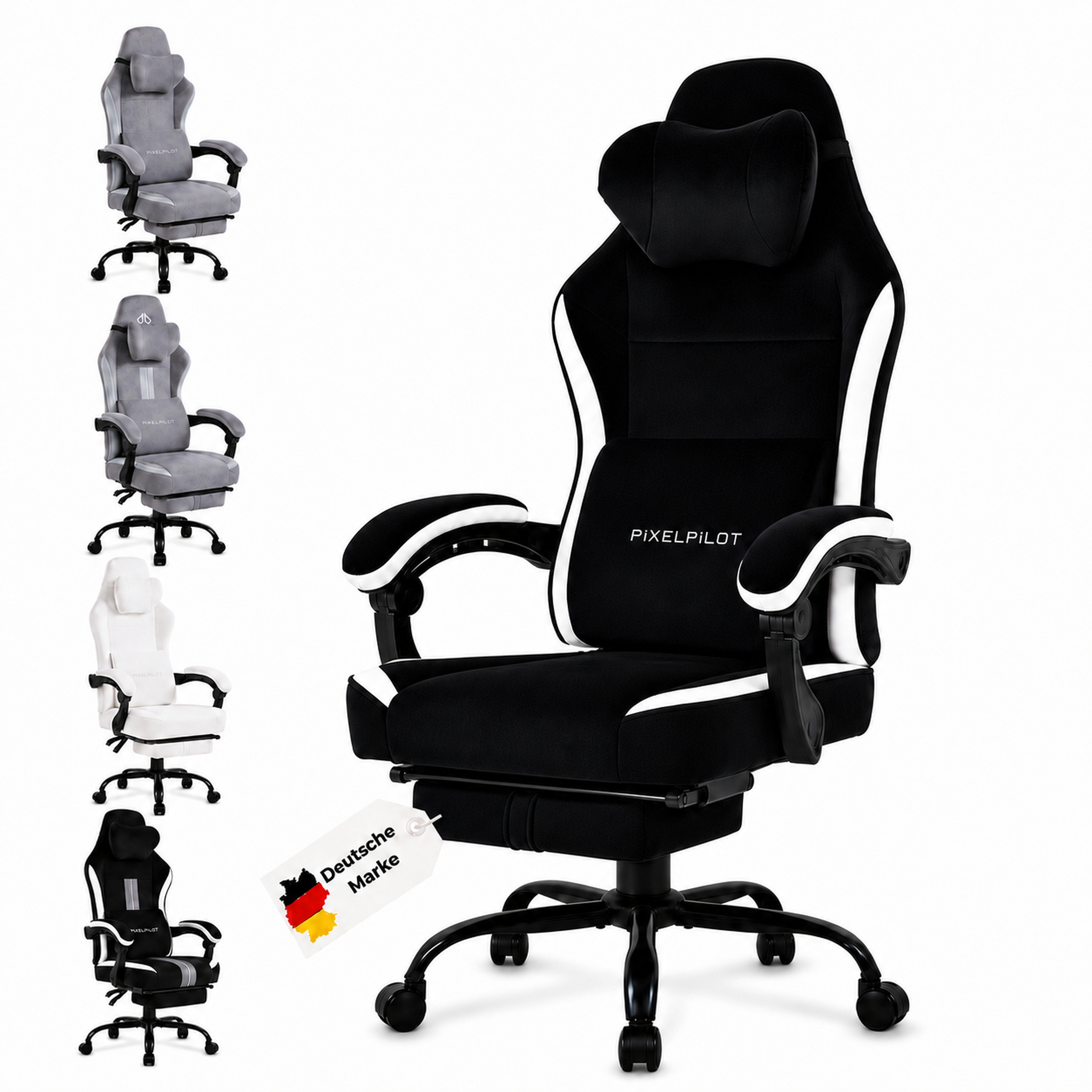 PixelPilot Gaming-Stuhl Ergonomischer Gaming-Stuhl, breite Sitzfläche, Fußstütze, bis 150 kg (Einzelartikel), Ergonomisch, atmungsaktiv, breite Sitzfläche, Rückenlehne 90°-135°