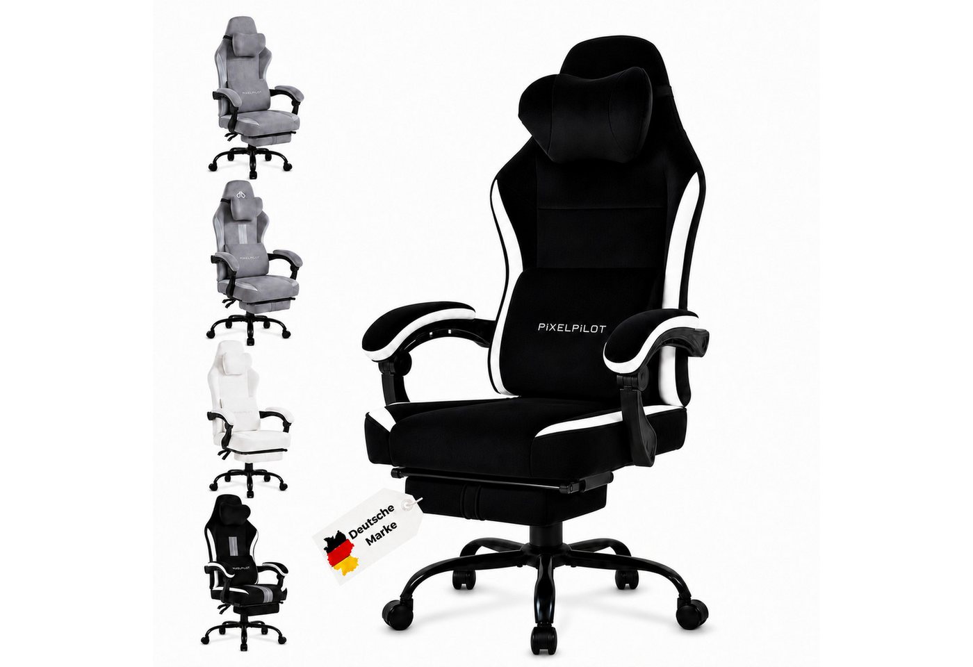 PixelPilot Gaming-Stuhl Ergonomischer Gaming-Stuhl, breite Sitzfläche, Fußstütze, bis 150 kg (Einzelartikel), Ergonomisch, atmungsaktiv, breite Sitzfläche, Rückenlehne 90°-135°