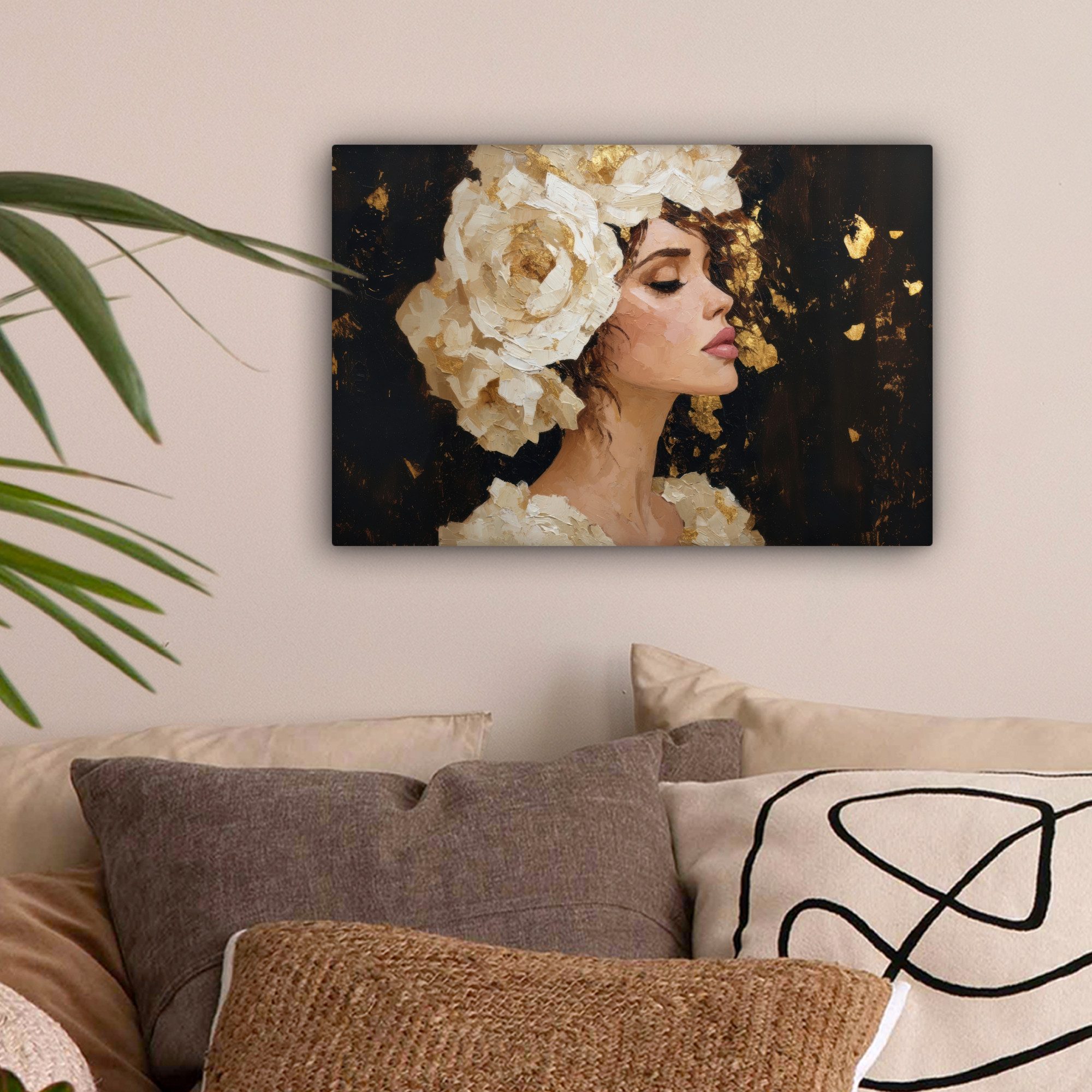 OneMillionCanvasses® Leinwandbild Abstrakt - Frau - Blumen - Weiß, Fotodruck (1 St), Leinwand Bilder Klein, Wand Dekoration Aesthetic 30x20 cm