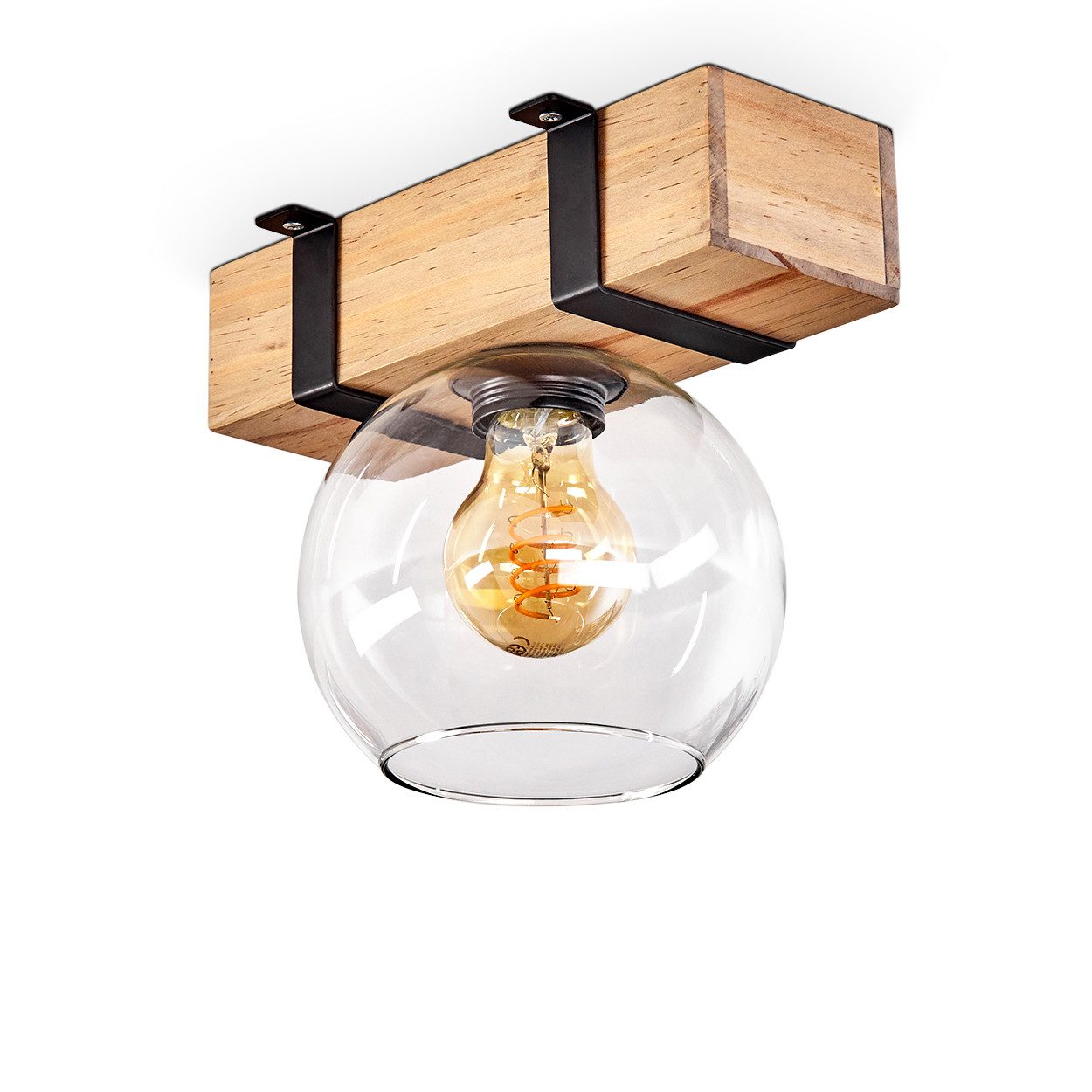 hofstein Deckenleuchte Deckenlampe aus Metall/Holz/Glas in Schwarz/Natur/Klar, ohne Leuchtmittel, Holzbalken und Glasschrim Ø15cm, 1x E27, ohne Leuchtmittel